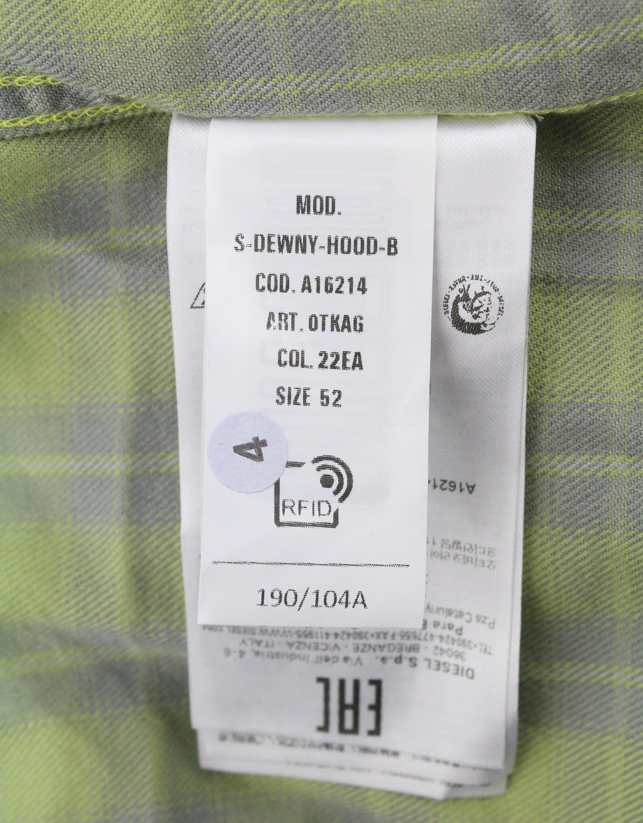 DIESEL S-Dewny-Hood-B Men Shirt 52 Green Plaid Flannel Hooded Overshirt RRP275