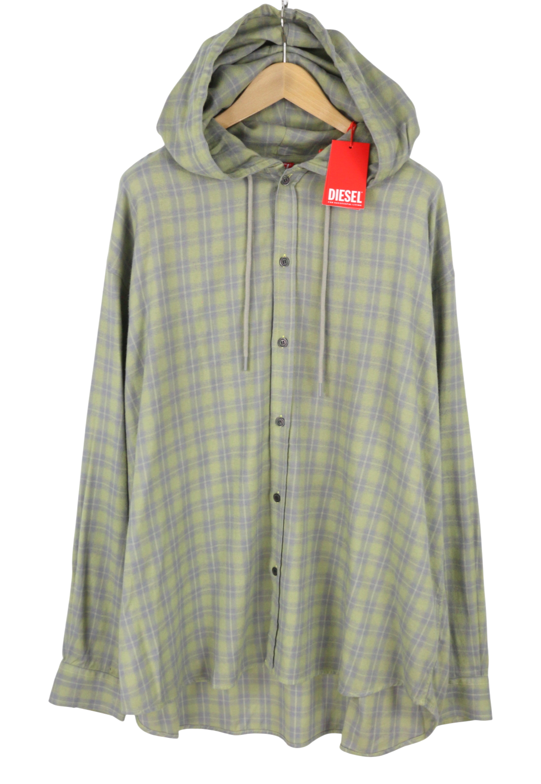 DIESEL S-Dewny-Hood-B Men Shirt 52 Green Plaid Flannel Hooded Overshirt RRP275