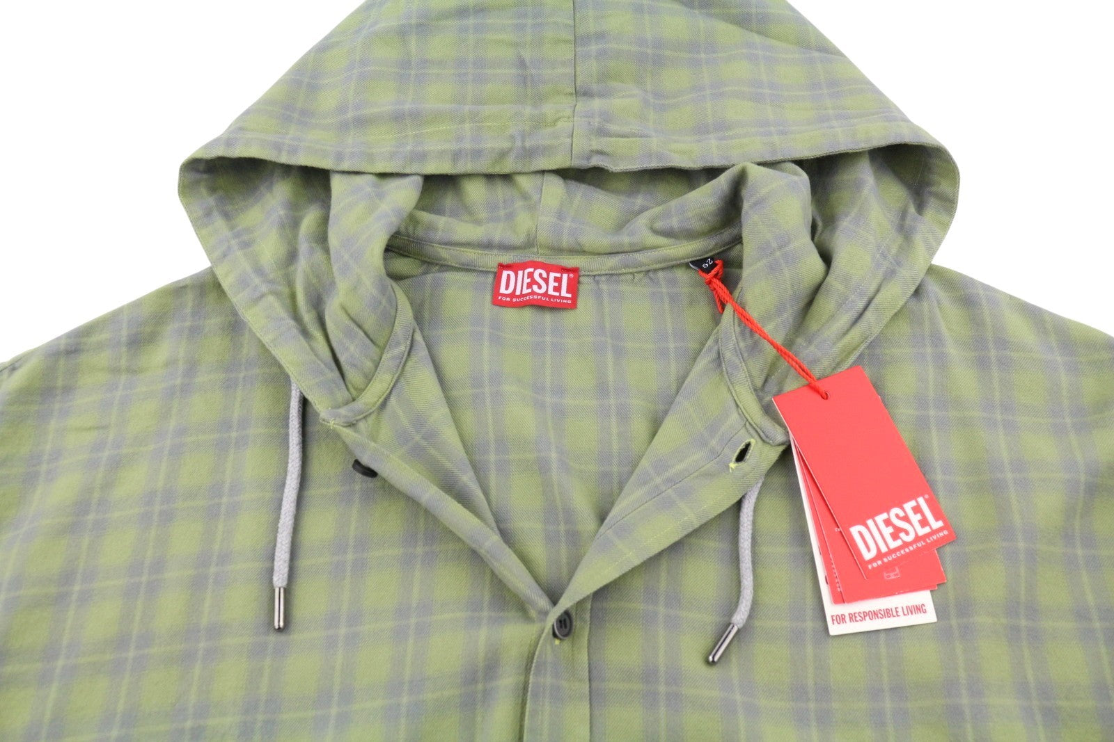 DIESEL S-Dewny-Hood-B Men Shirt 52 Green Plaid Flannel Hooded Overshirt RRP275