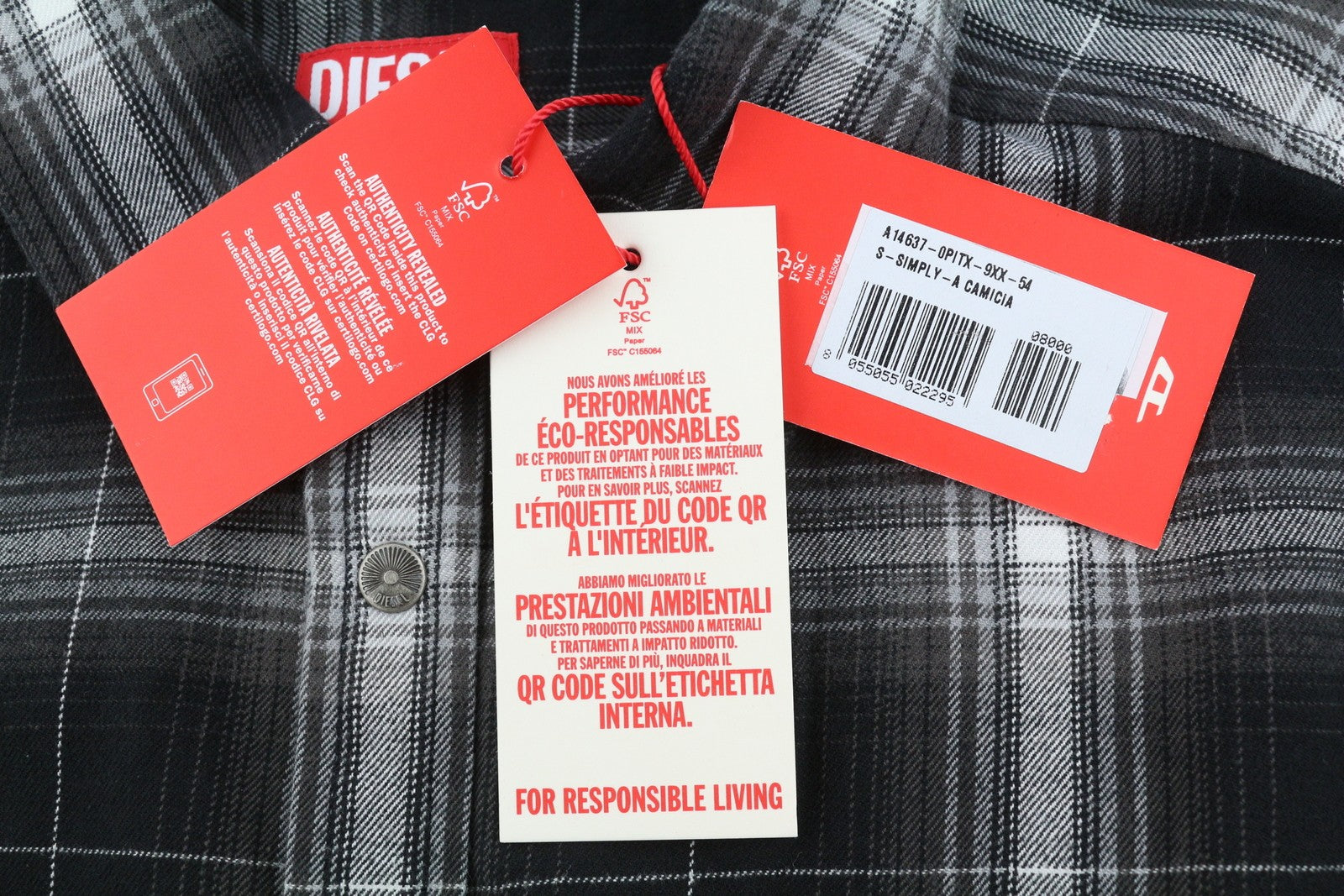 DIESEL S-Simply-A Men Shirt 54 Black Flannel Plaid Thick Overshirt RRP195
