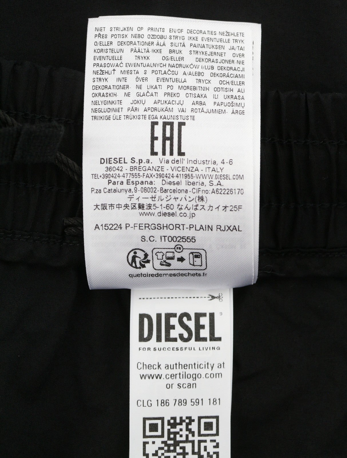 DIESEL P-Fergshort-Plain Men Shorts 52 W34 Black Elastic Drawstring Waist RRP175