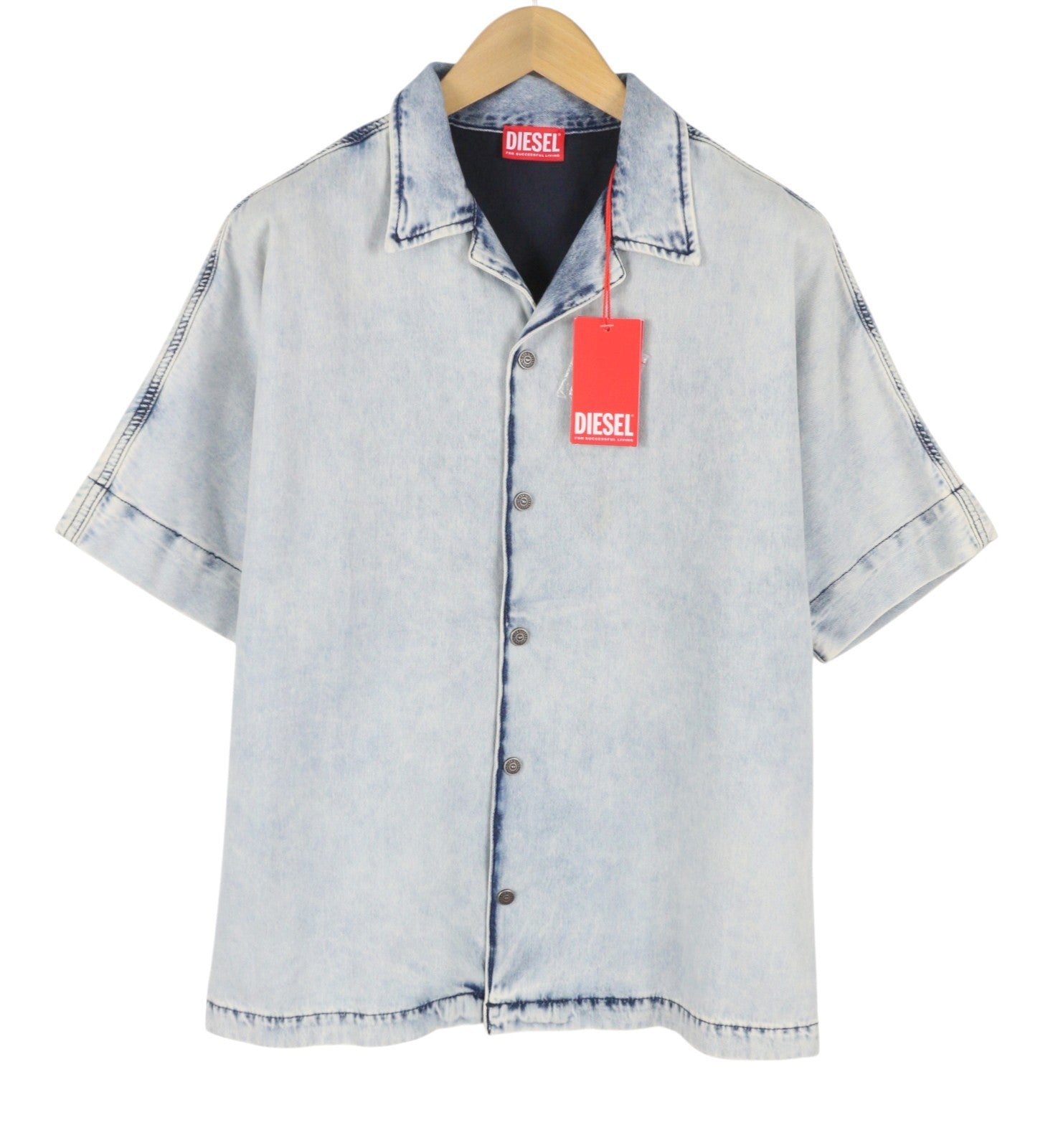 DIESEL D-Nabil-S Men Shirt L Blue Garment Dyed Camp Collar Loose RRP295