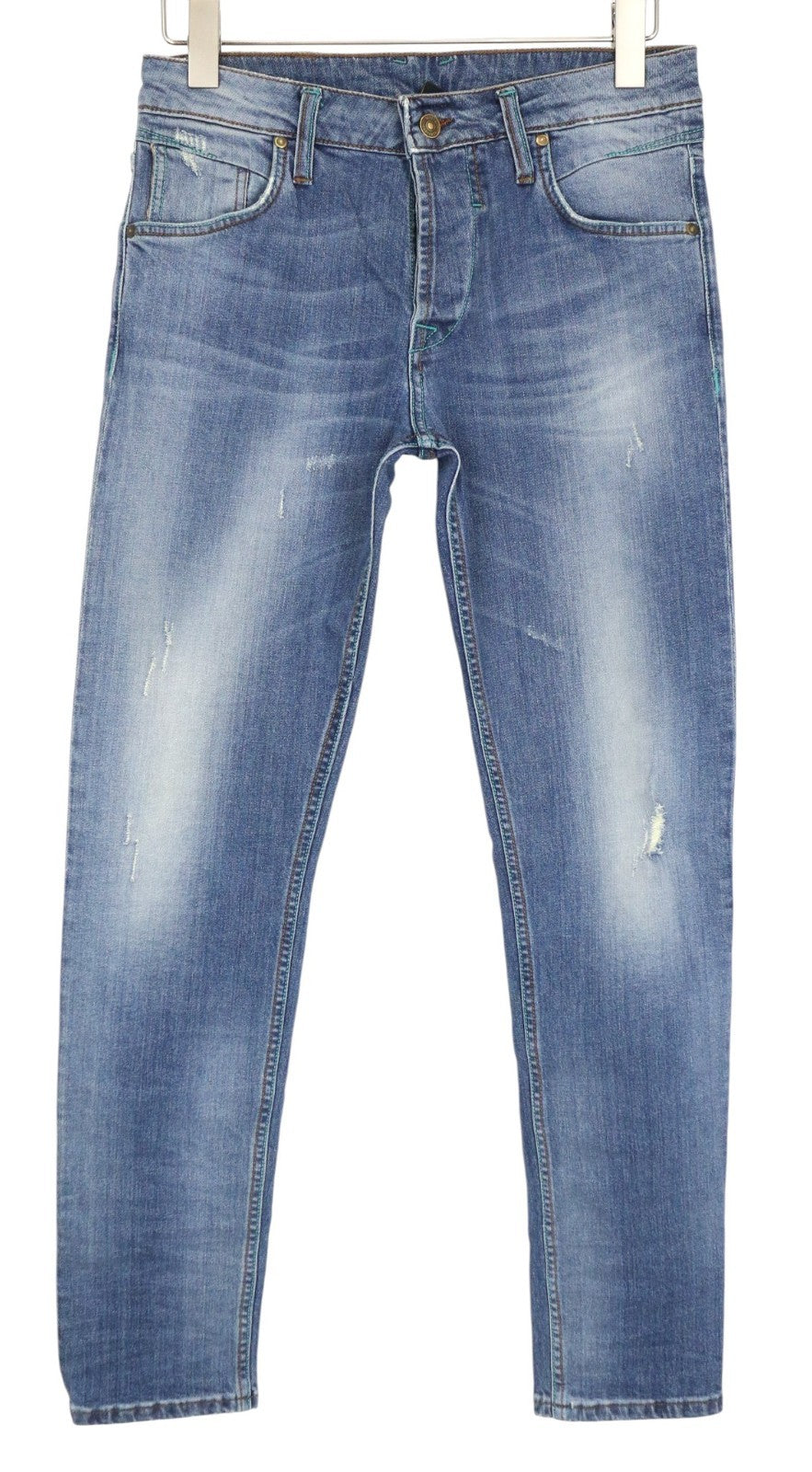 TAKESHY KUROSAWA TK75 Men Jeans W34 Blue Slim Distressed Stretch Buttoned