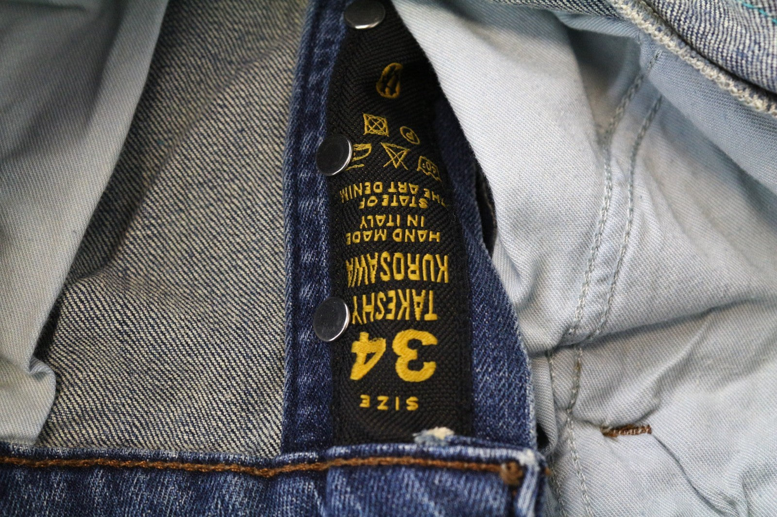 TAKESHY KUROSAWA TK75 Men Jeans W34 Button-Fly Stretch Blue Slim Distressed