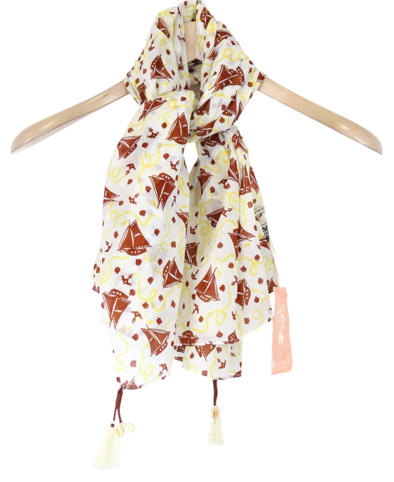 MAISON SCOTCH Women Scarf One Size White Sailboat Print Tassels Square Thin