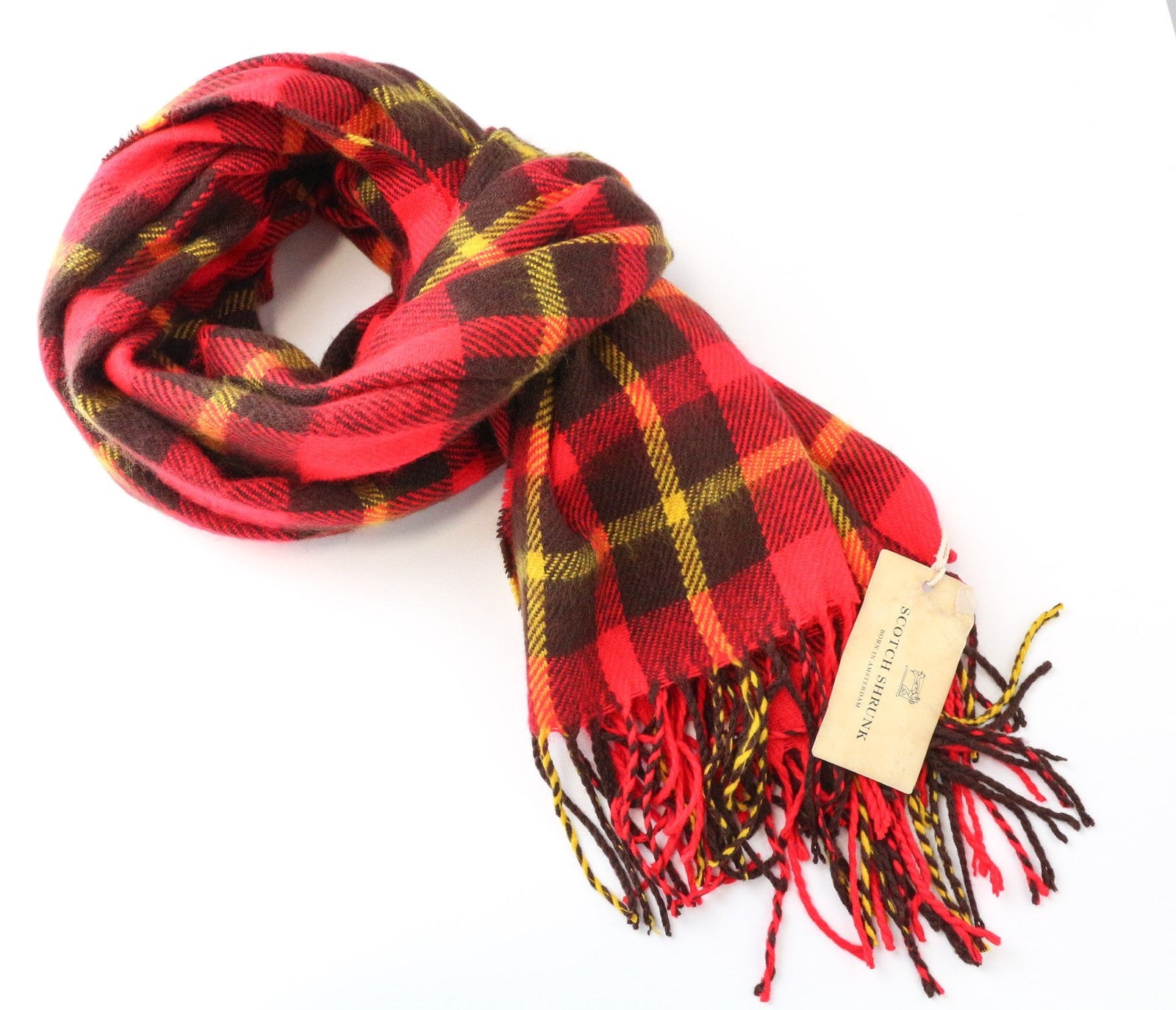 SCOTCH SHRUNK Men Scarf One Size Kids Red Tartan Checked Tassels Woven Boys