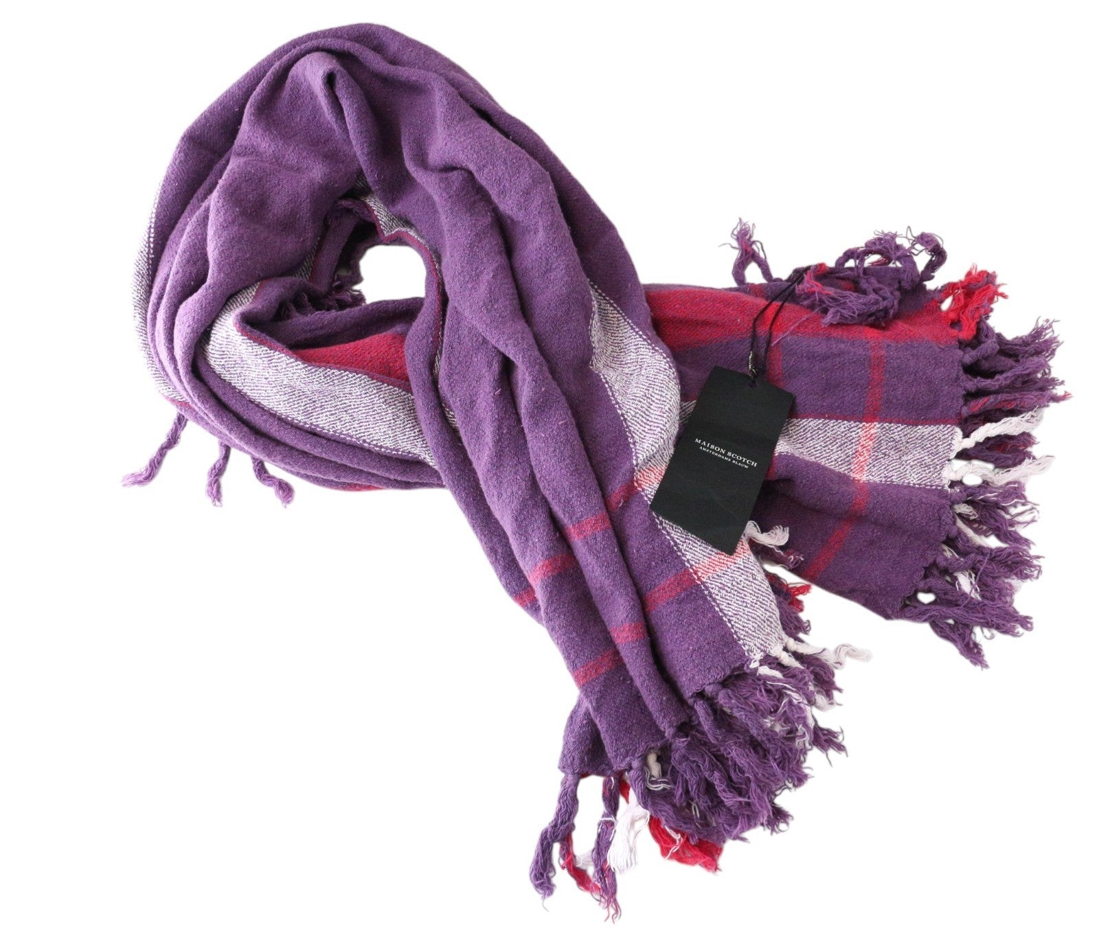 MAISON SCOTCH Women Scarf One Size Purple Tartan Check Tassels Woven Twill
