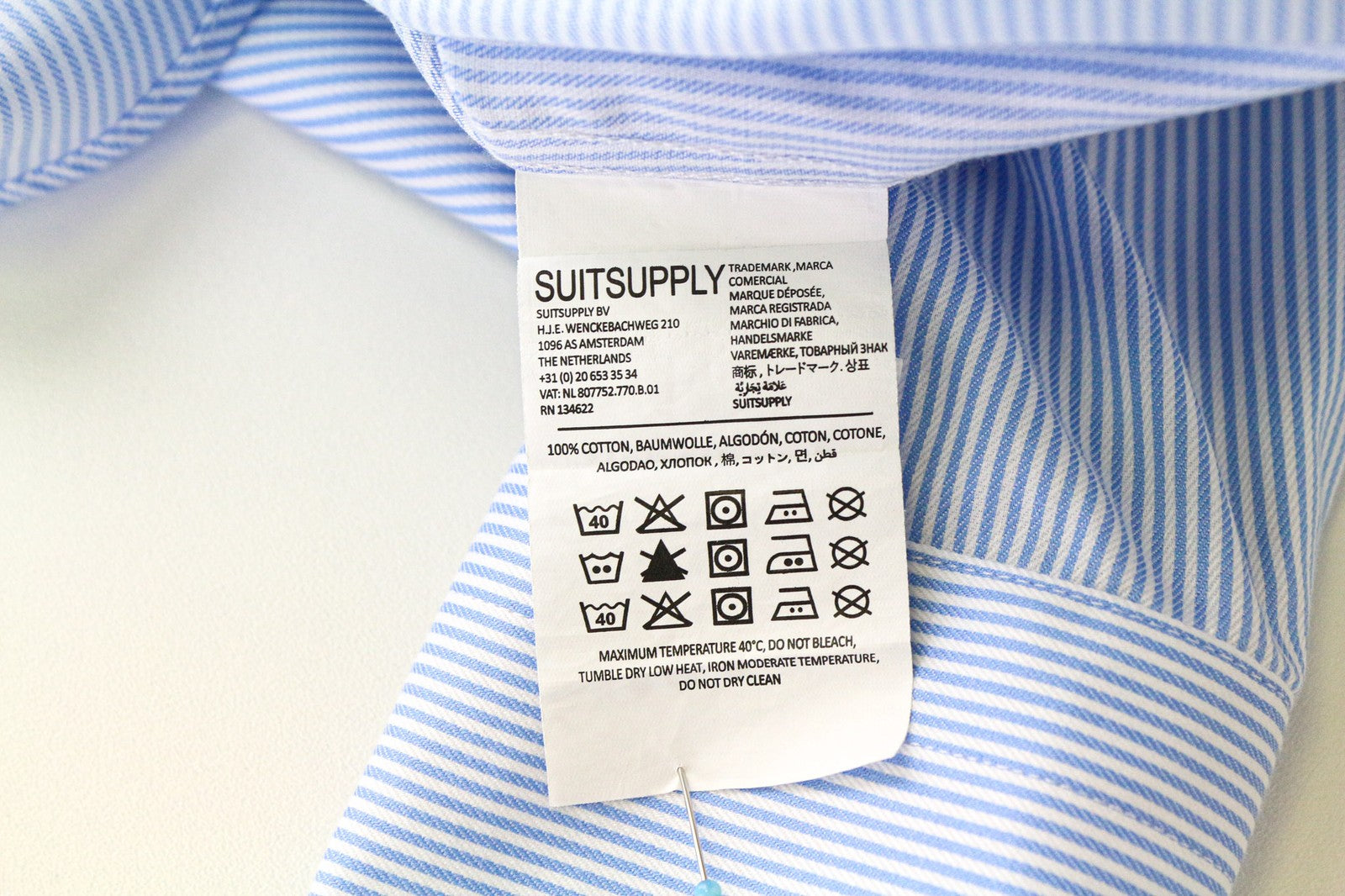 SUITSUPPLY Traveller Men Shirt 36/14 Extra Slim Blue Cotton Stretch Striped