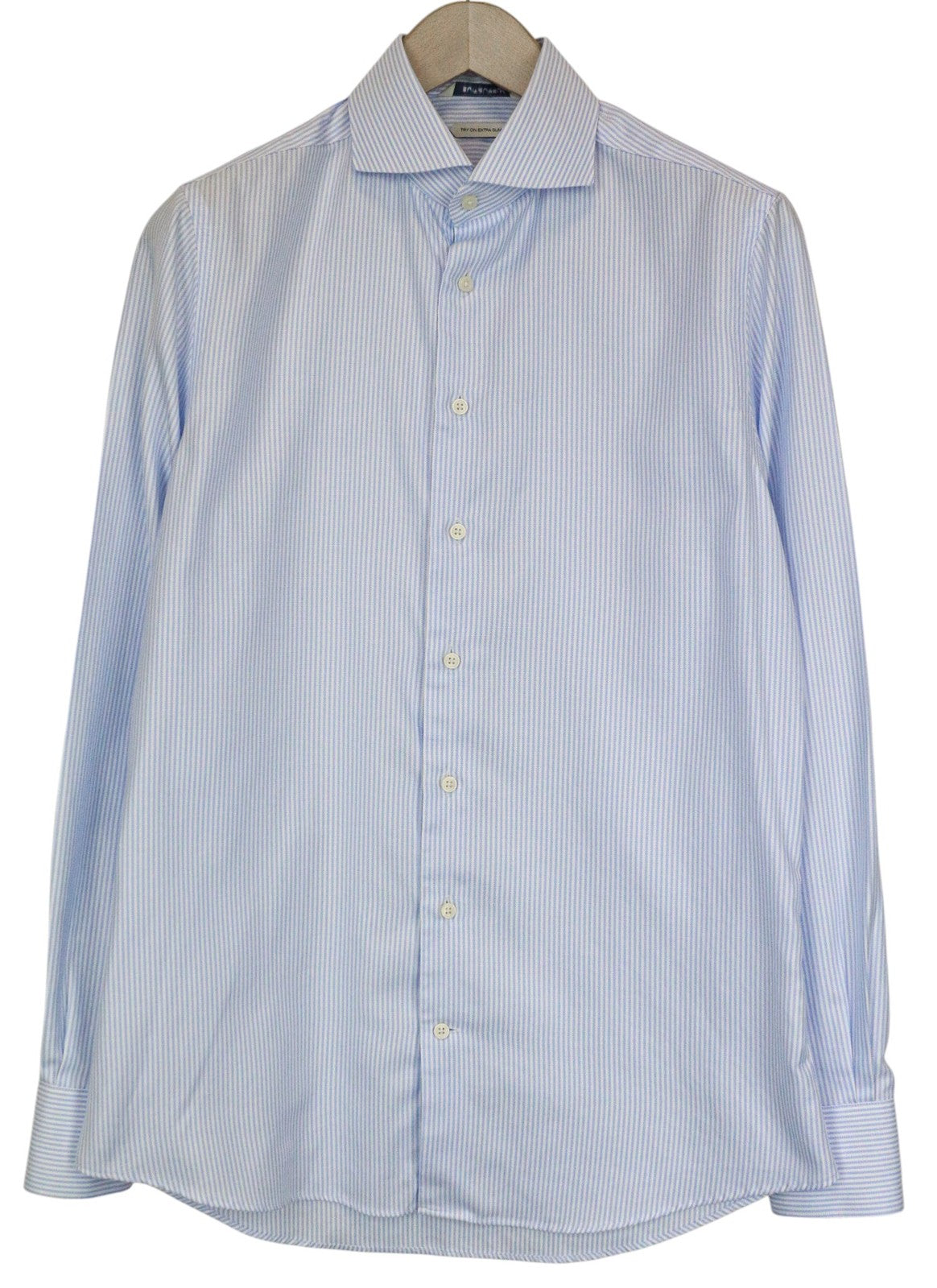 SUITSUPPLY Men Shirt 40/15 3/4 Extra Slim Blue Pure Cotton Stripe Patterned