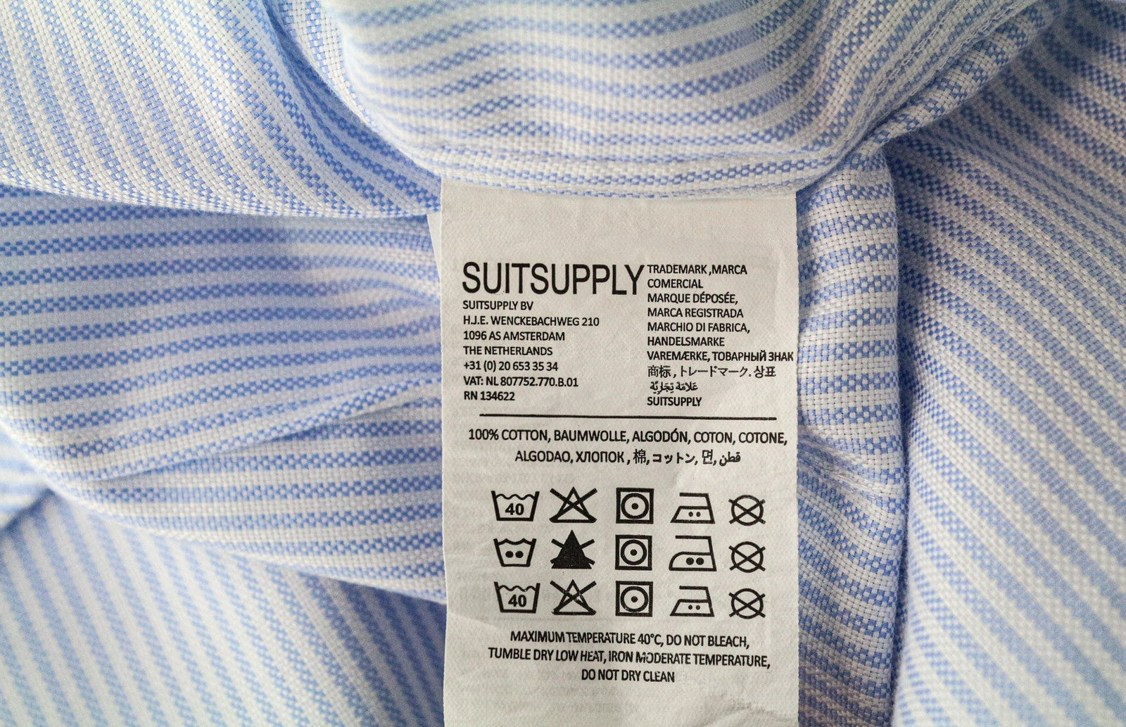 SUITSUPPLY Men Shirt 40/15 3/4 Extra Slim Blue Pure Cotton Stripe Patterned