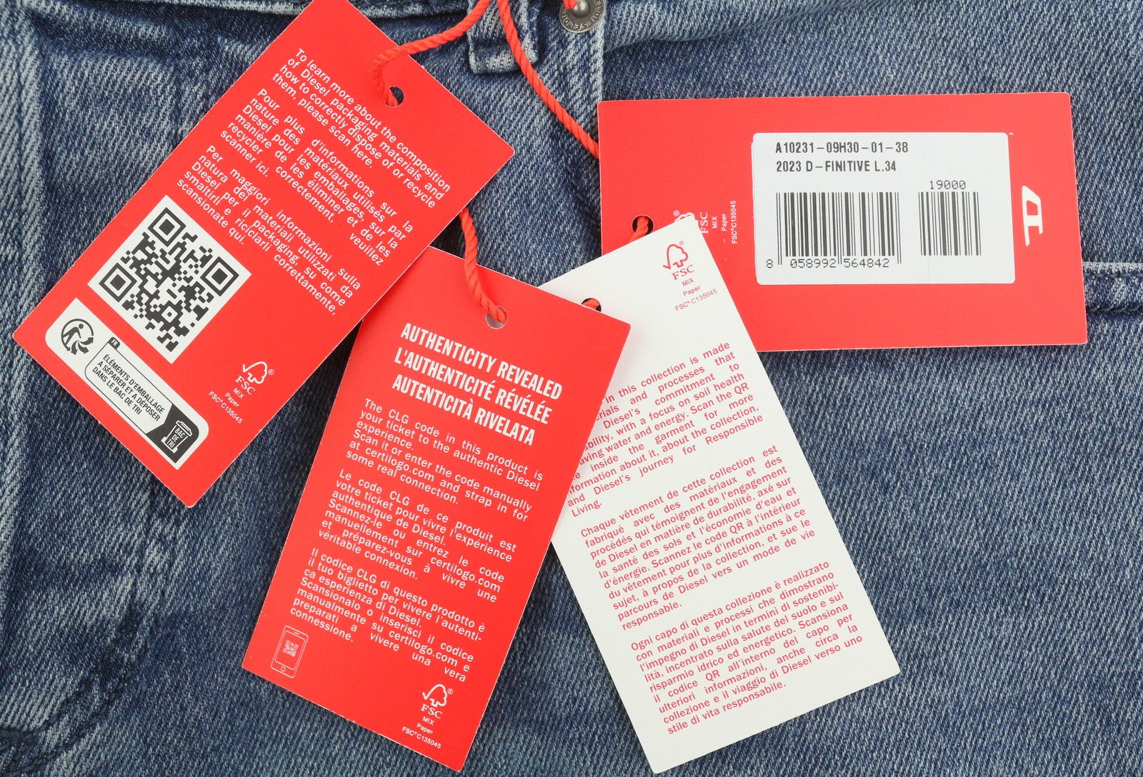 DIESEL 2023 D-Finitive 09H30 Men Jeans W38/L34 Blue Faded Regular Tapered RRP150