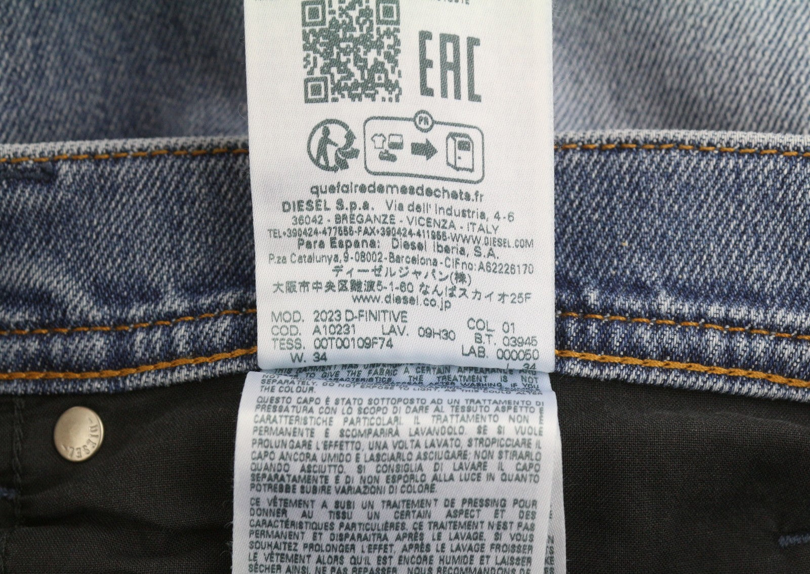 DIESEL 2023 D-Finitive 09H30 Men Jeans W34/L34 Blue Faded Regular Tapered RRP150