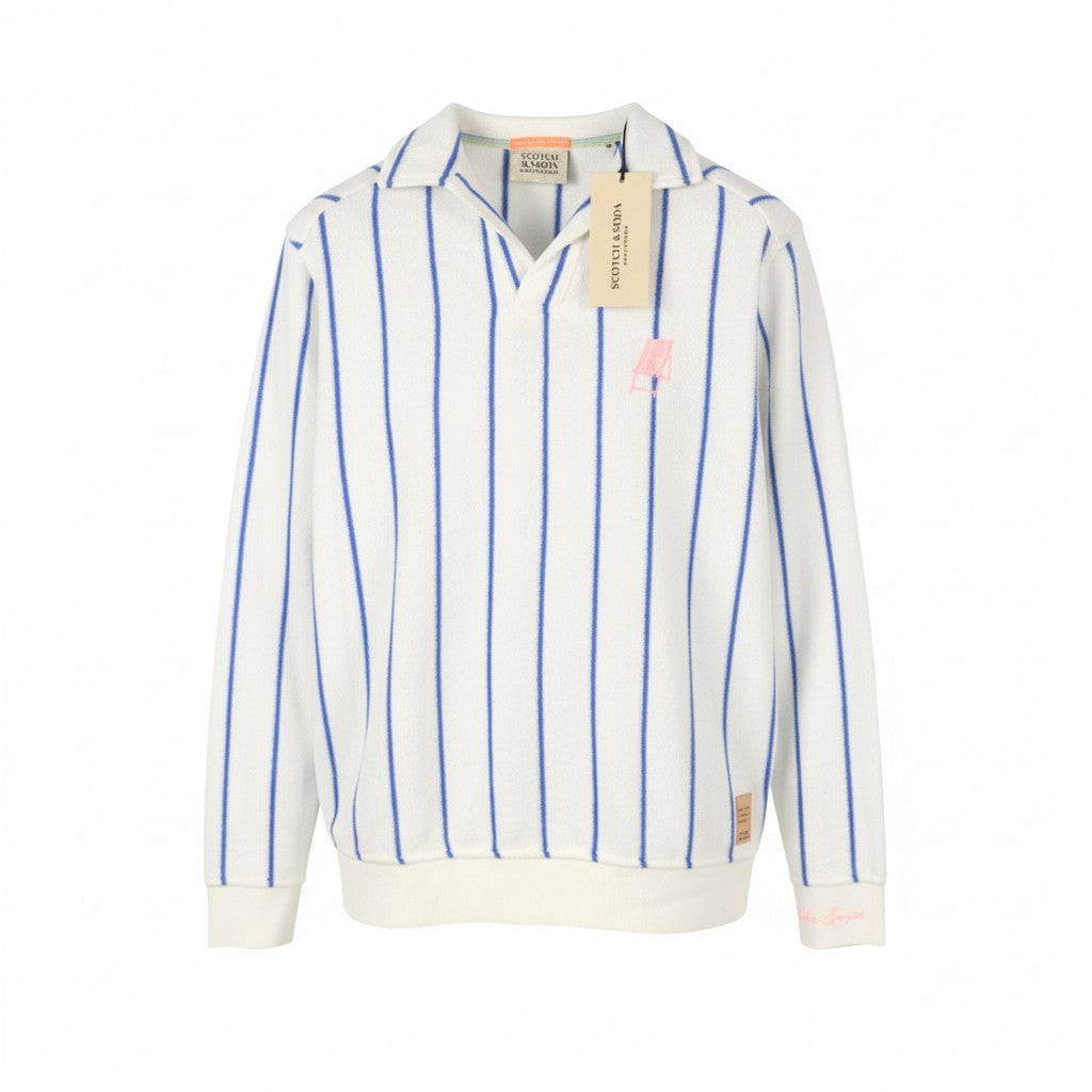 SCOTCH & SODA Men Sweatshirt M White Terry Pinstriped V-Neck Pull On