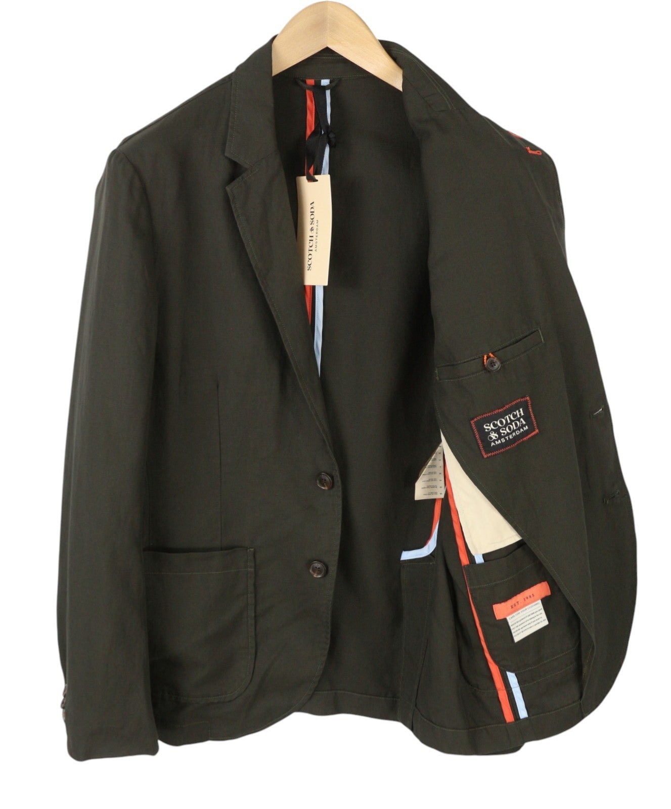 SCOTCH & SODA Men Blazer L Khaki Green Unlined Single Breasted Lapel