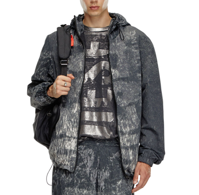 DIESEL J-Brick Men Jacket 52 Black Camo Print Windbreaker Lightweight RRP295