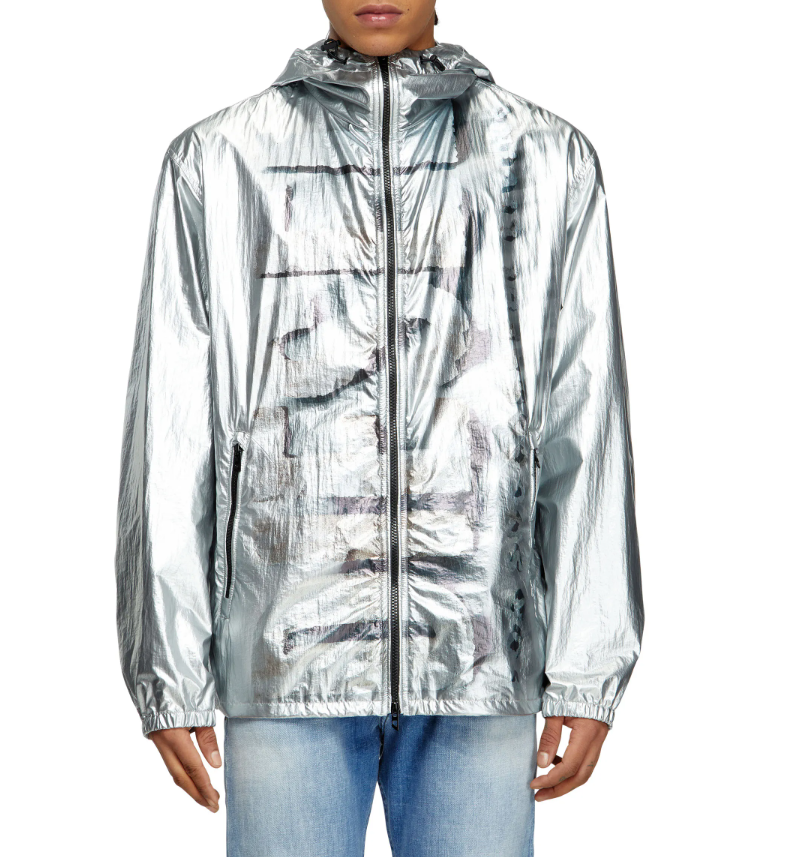 DIESEL J-Otte Men Jacket 52 Shiny Silver Hooded Windbreaker Lightweight RRP295