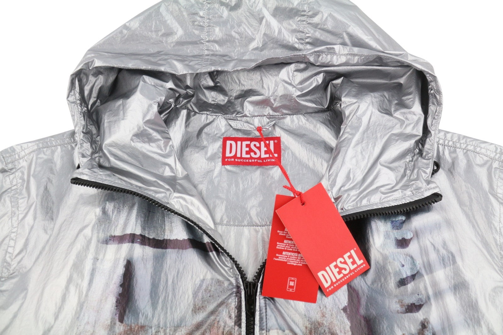 DIESEL J-Otte Men Jacket 52 Shiny Silver Hooded Windbreaker Lightweight RRP295