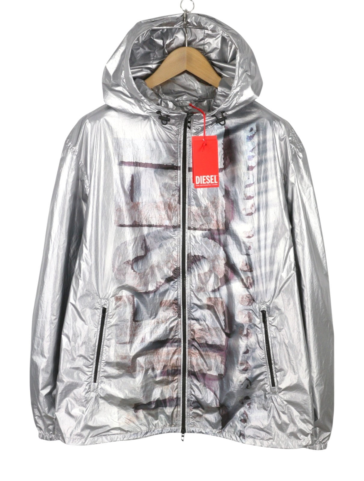DIESEL J-Otte Men Jacket 54 Shiny Silver Hooded Windbreaker Lightweight RRP295