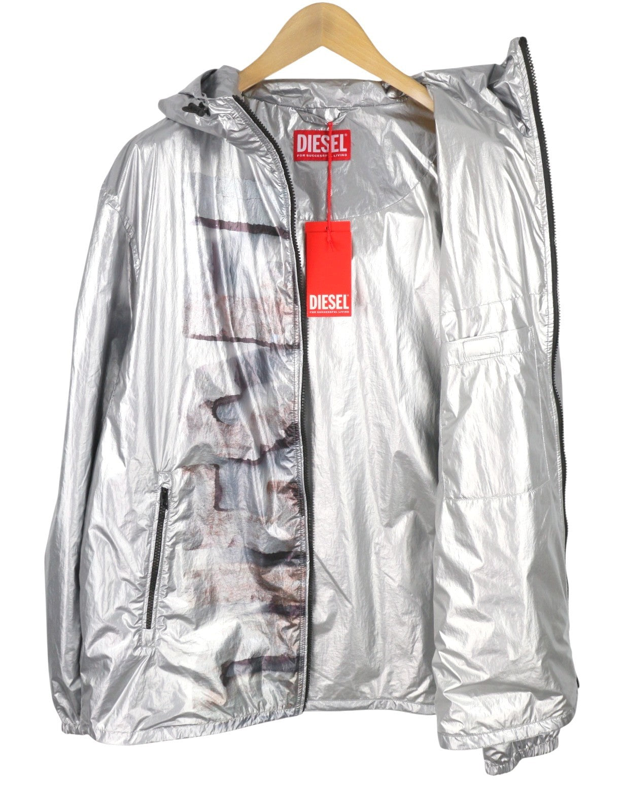 DIESEL J-Otte Men Jacket 54 Shiny Silver Hooded Windbreaker Lightweight RRP295