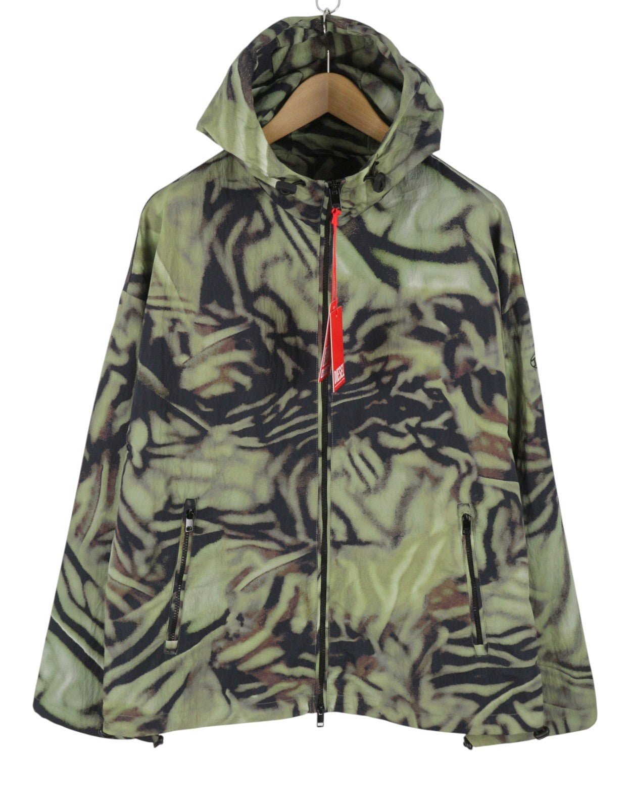 DIESEL J-Leopold-Zebra Men Jacket 50 Green Hooded Windbreaker Lightweight RRP275