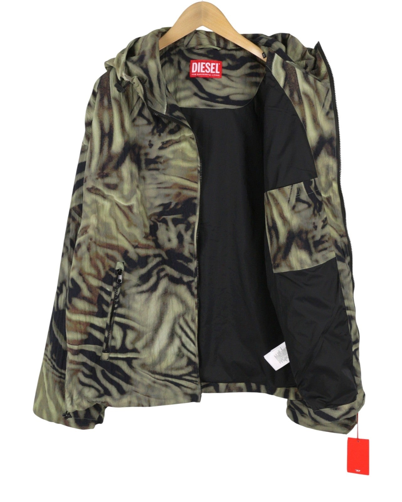 DIESEL J-Leopold-Zebra Men Jacket 54 Green Hooded Windbreaker Lightweight RRP275