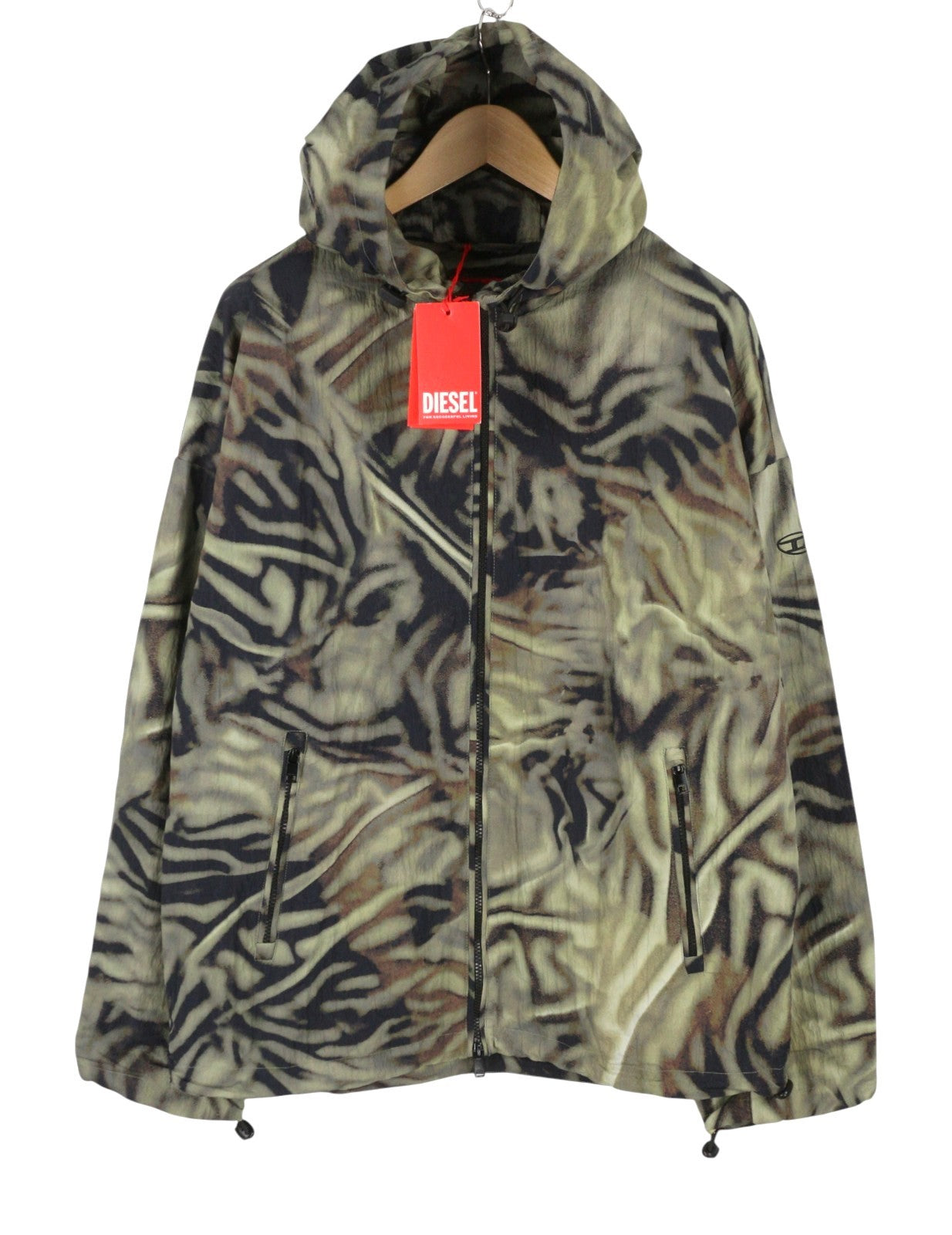 DIESEL J-Leopold-Zebra Men Jacket 52 Green Hooded Windbreaker Lightweight RRP275