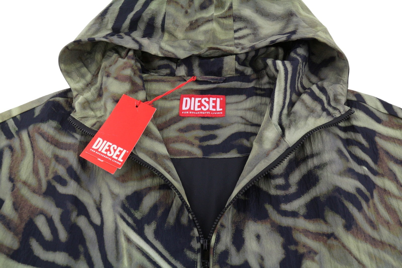 DIESEL J-Leopold-Zebra Men Jacket 52 Green Hooded Windbreaker Lightweight RRP275