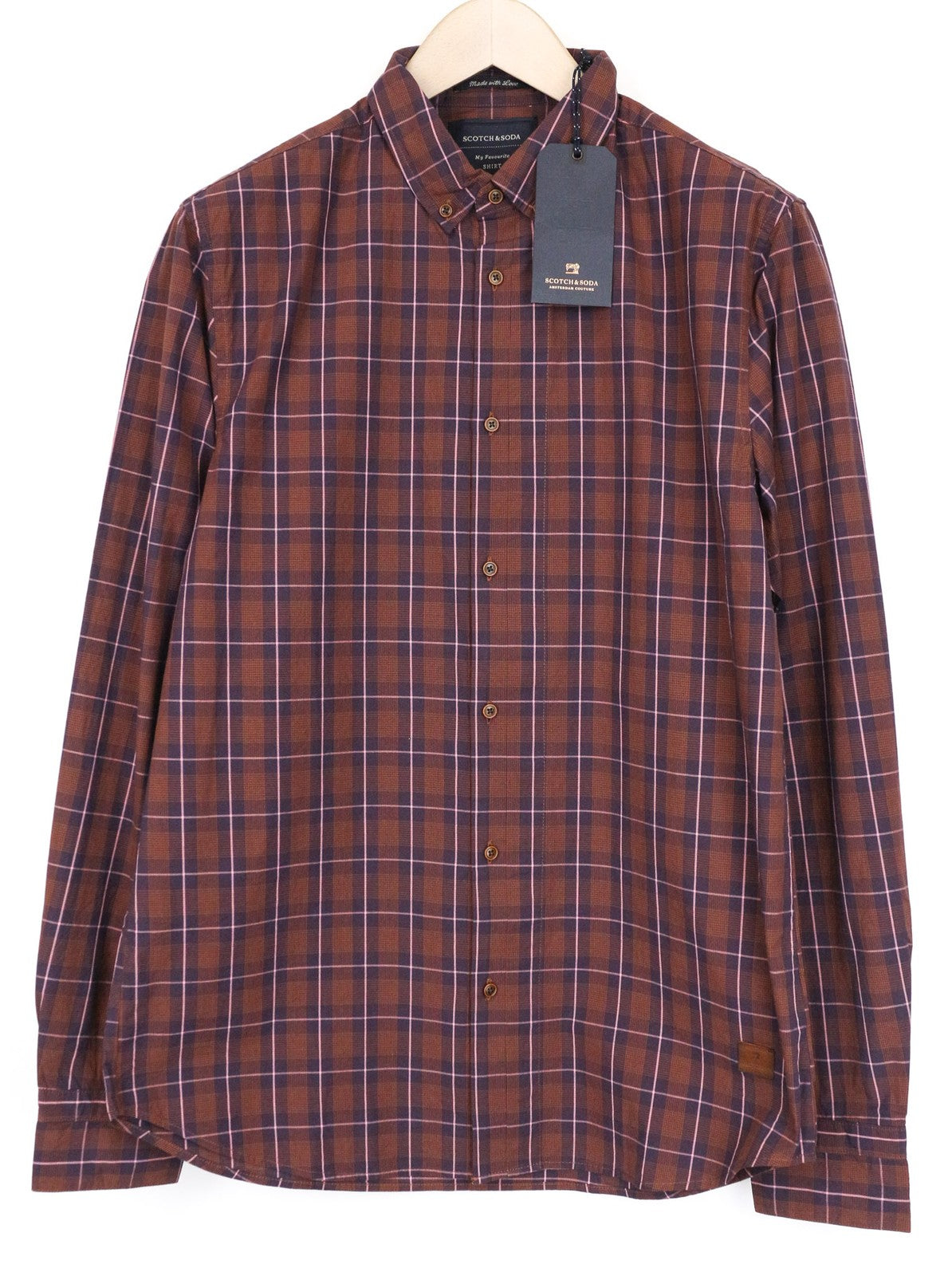 SCOTCH & SODA Men Shirt S Burgundy Checkered Button-Bown Cotton Smart Casual