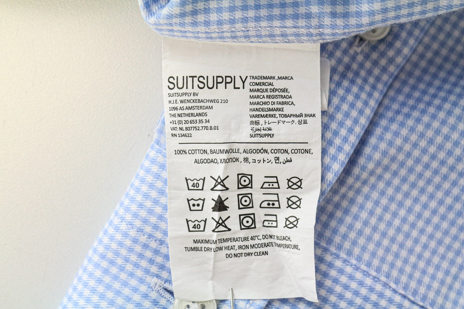 SUITSUPPLY Traveller Men Shirt 39/15 1/2 Slim Blue Cotton Check Pattern Twill