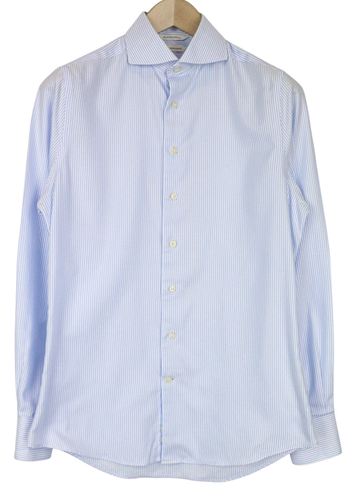 SUITSUPPLY Men Shirt 38/15 Extra Slim Blue Pure Cotton Striped Pattern Twill
