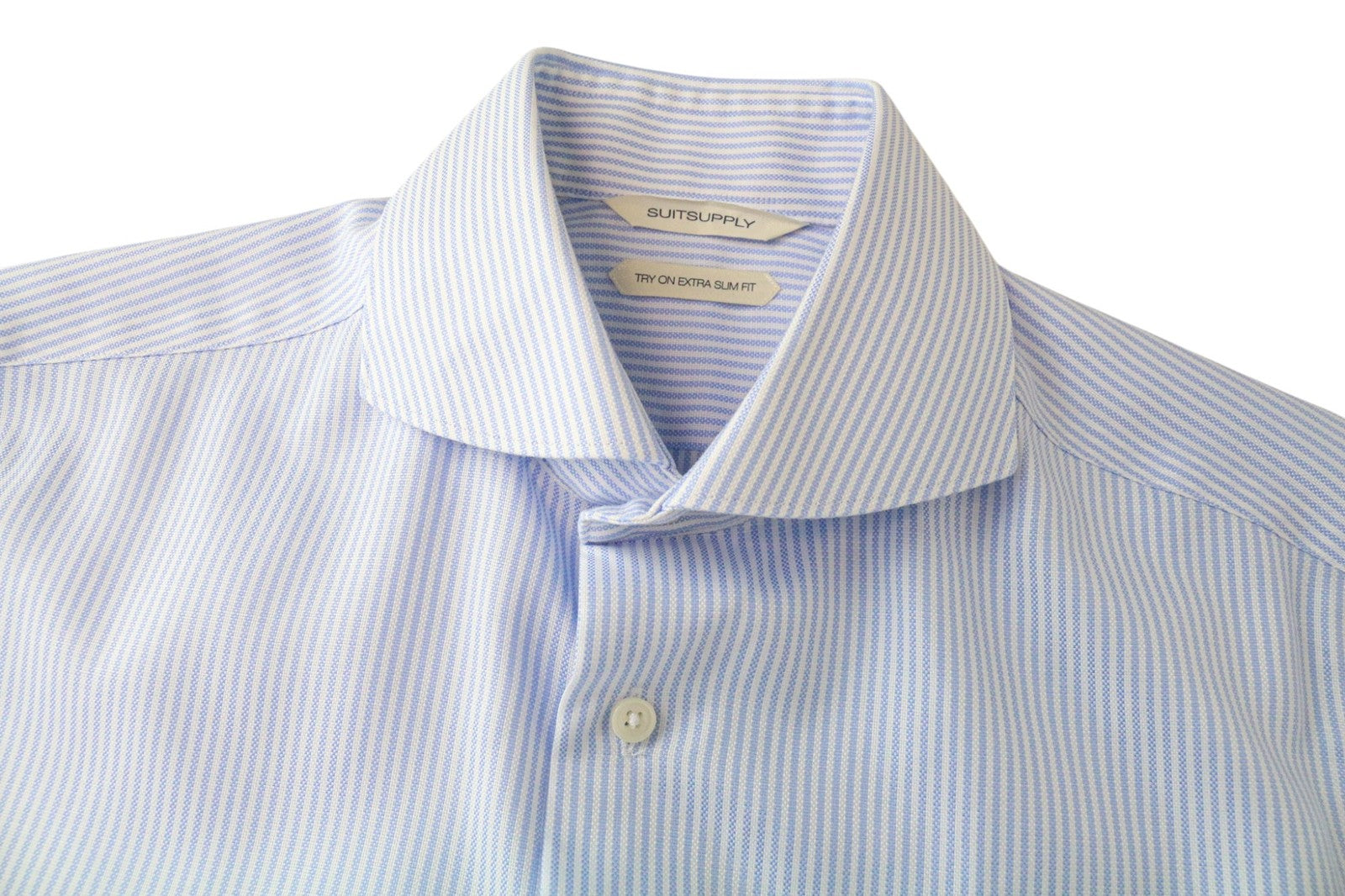 SUITSUPPLY Men Shirt 38/15 Extra Slim Blue Pure Cotton Striped Pattern Twill