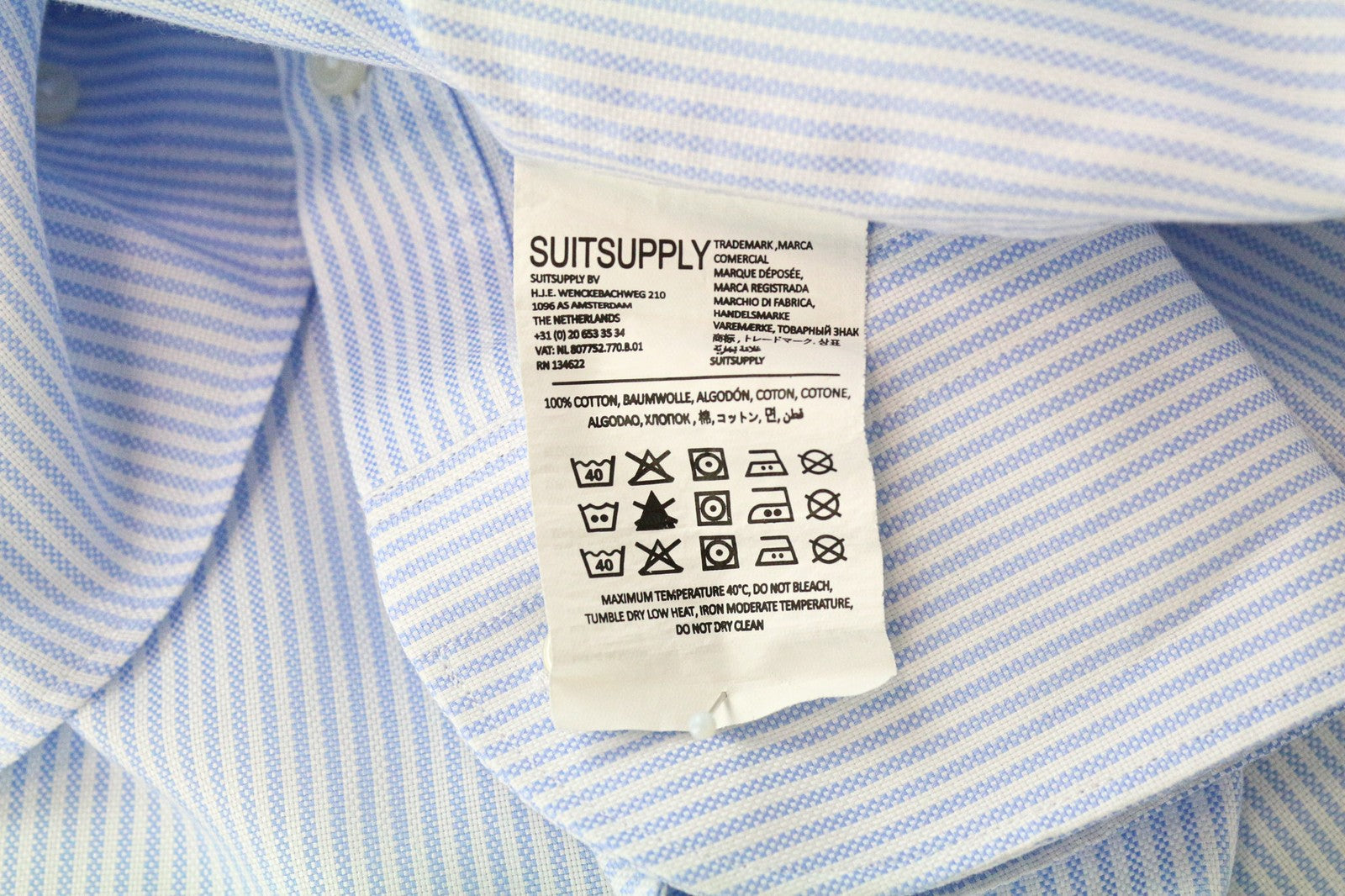 SUITSUPPLY Men Shirt 38/15 Extra Slim Blue Pure Cotton Striped Pattern Twill
