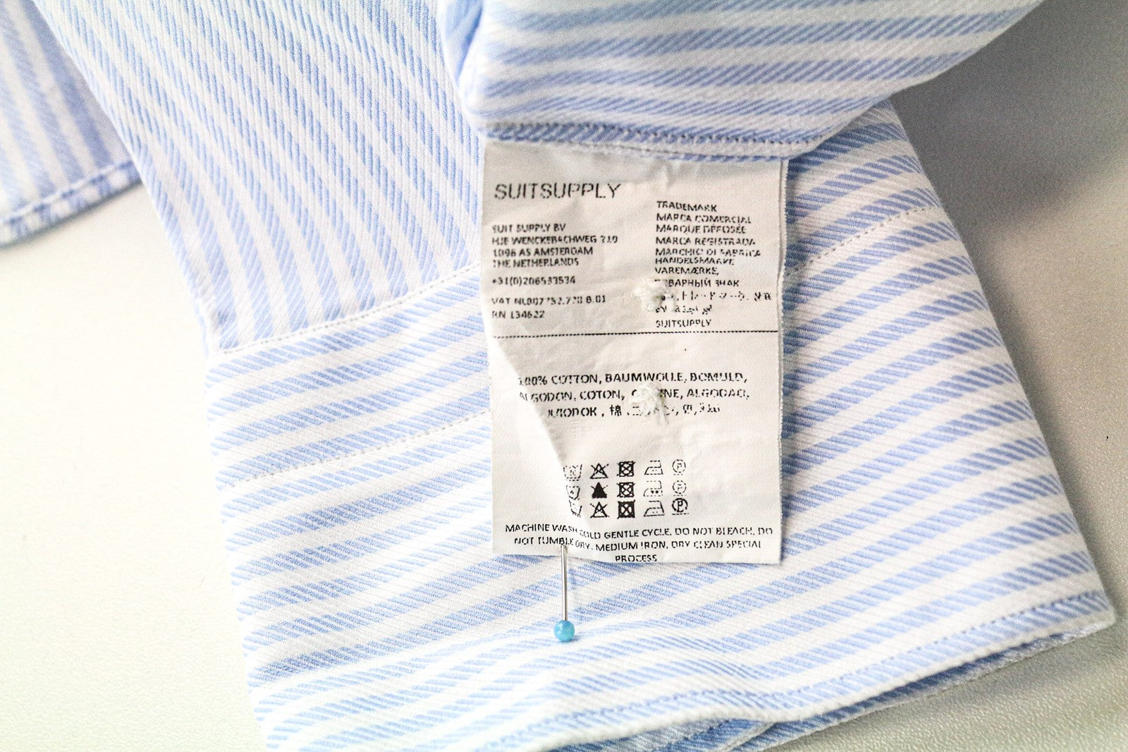 SUITSUPPLY Men Shirt ~L Slim Blue Pure Cotton Striped Pattern Button-Up Formal