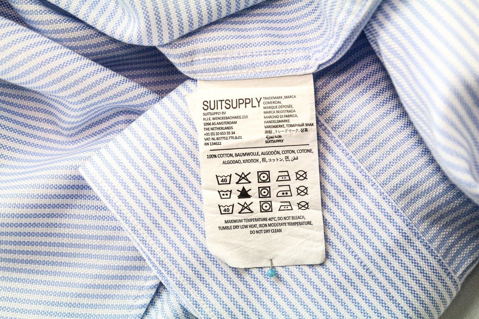 SUITSUPPLY Men Shirt 45L/17 3/4L Extra Slim Fit Striped Pattern Blue Pure Cotton