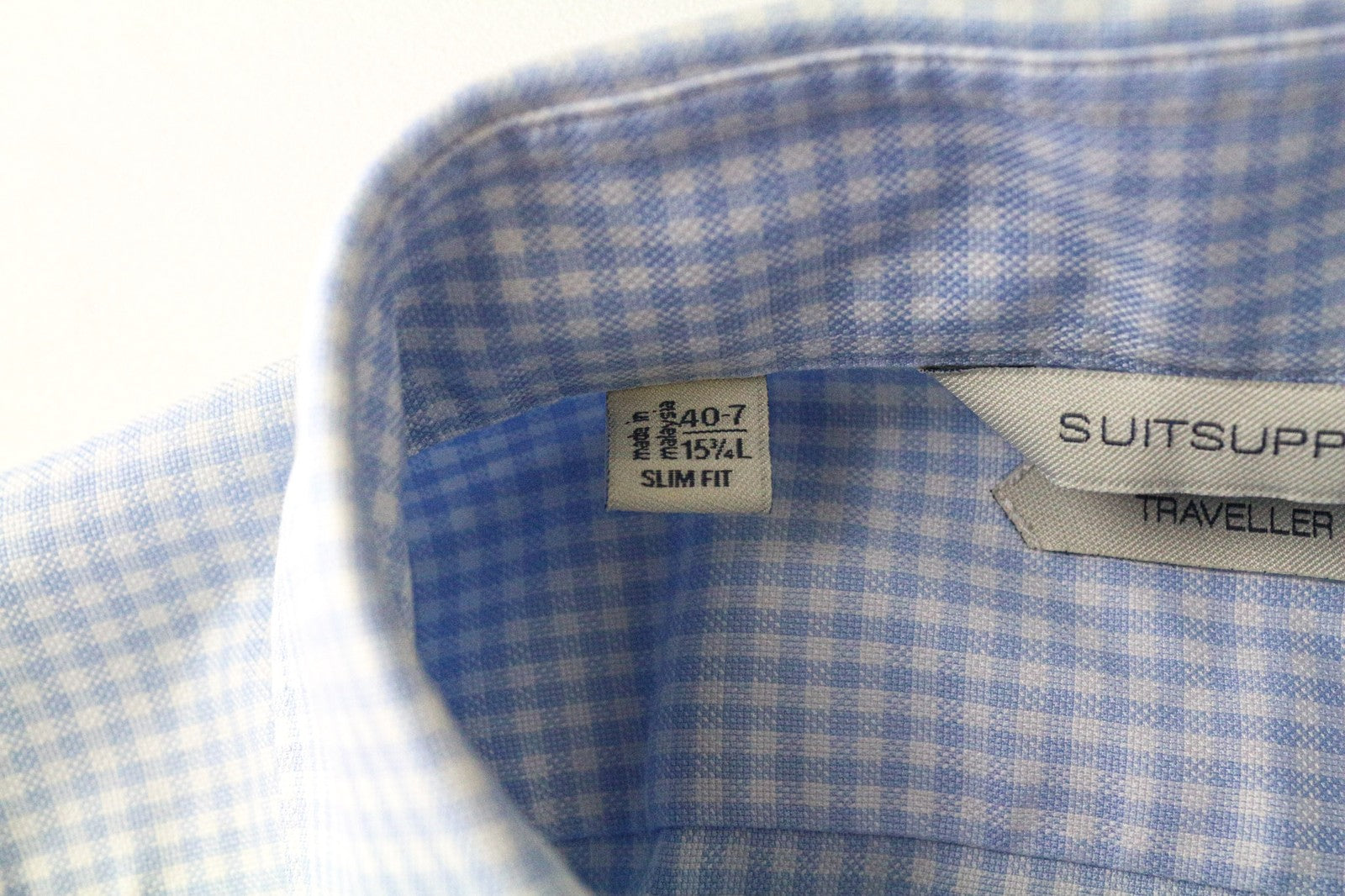 SUITSUPPLY Men Shirt 40-7/15 3/4L Slim Blue Cotton Checked Pattern Long Sleeve