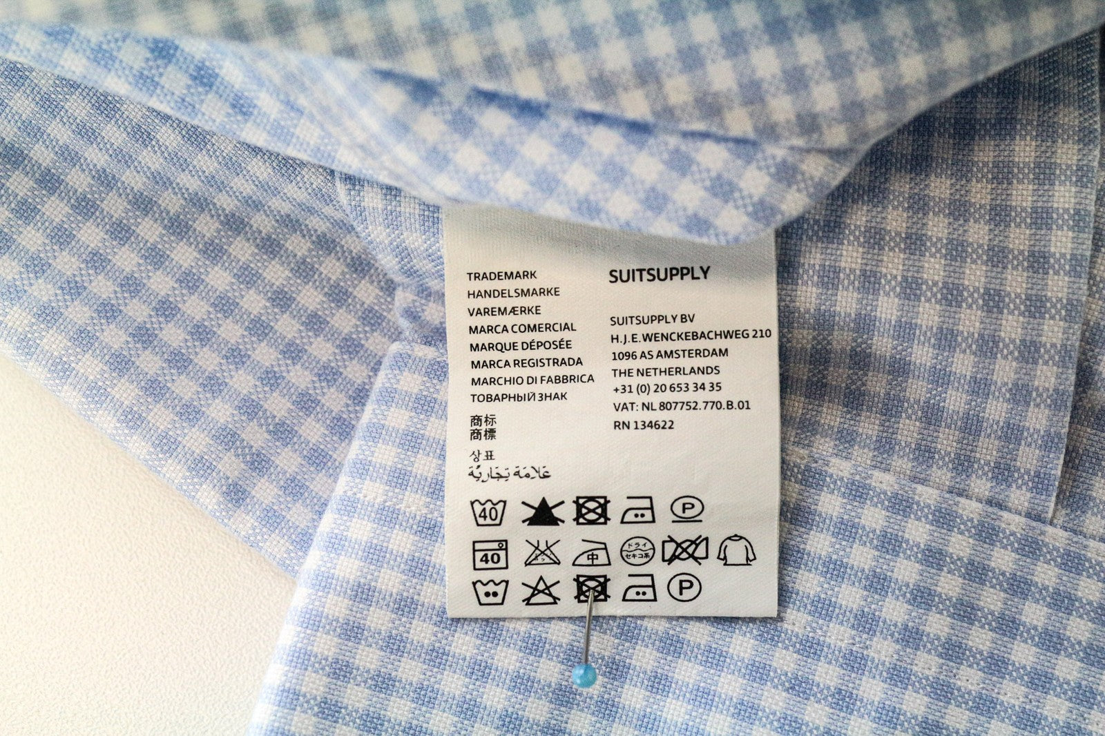 SUITSUPPLY Men Shirt 40-7/15 3/4L Slim Blue Cotton Checked Pattern Long Sleeve