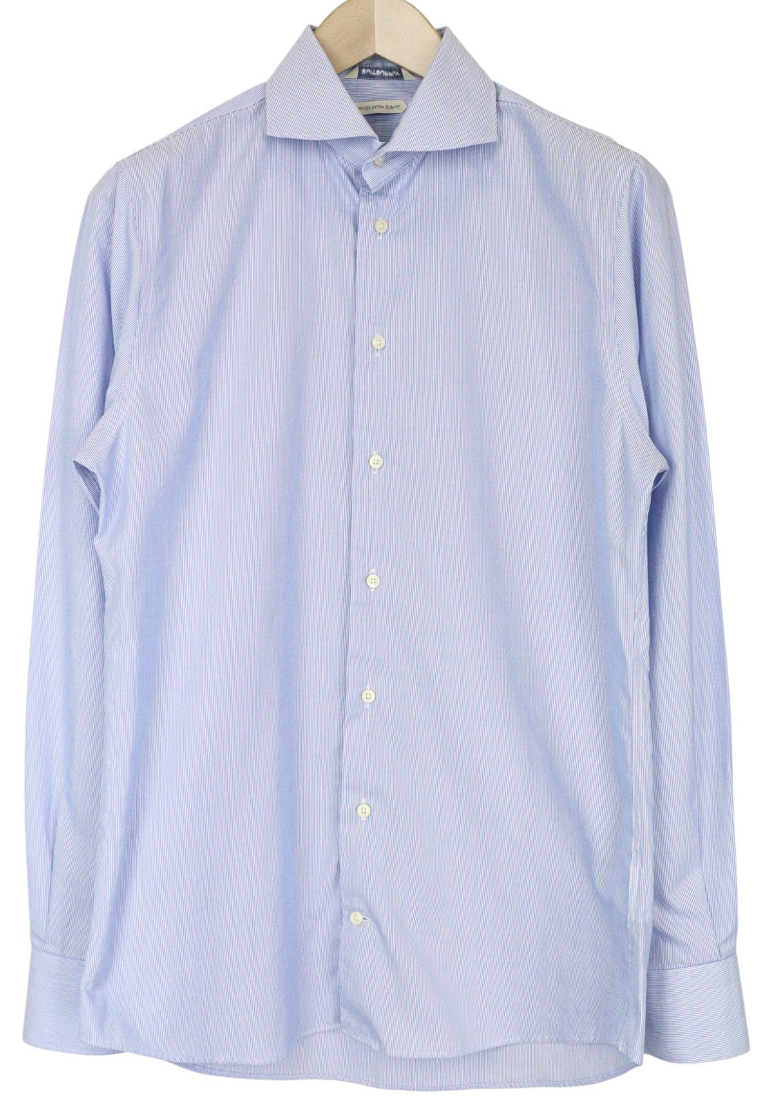 SUITSUPPLY Men Shirt 40/15 3/4 Extra Slim Blue Pure Cotton Striped Classic
