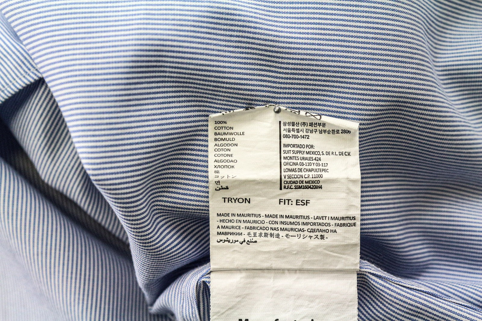 SUITSUPPLY Men Shirt 40/15 3/4 Extra Slim Blue Pure Cotton Striped Classic