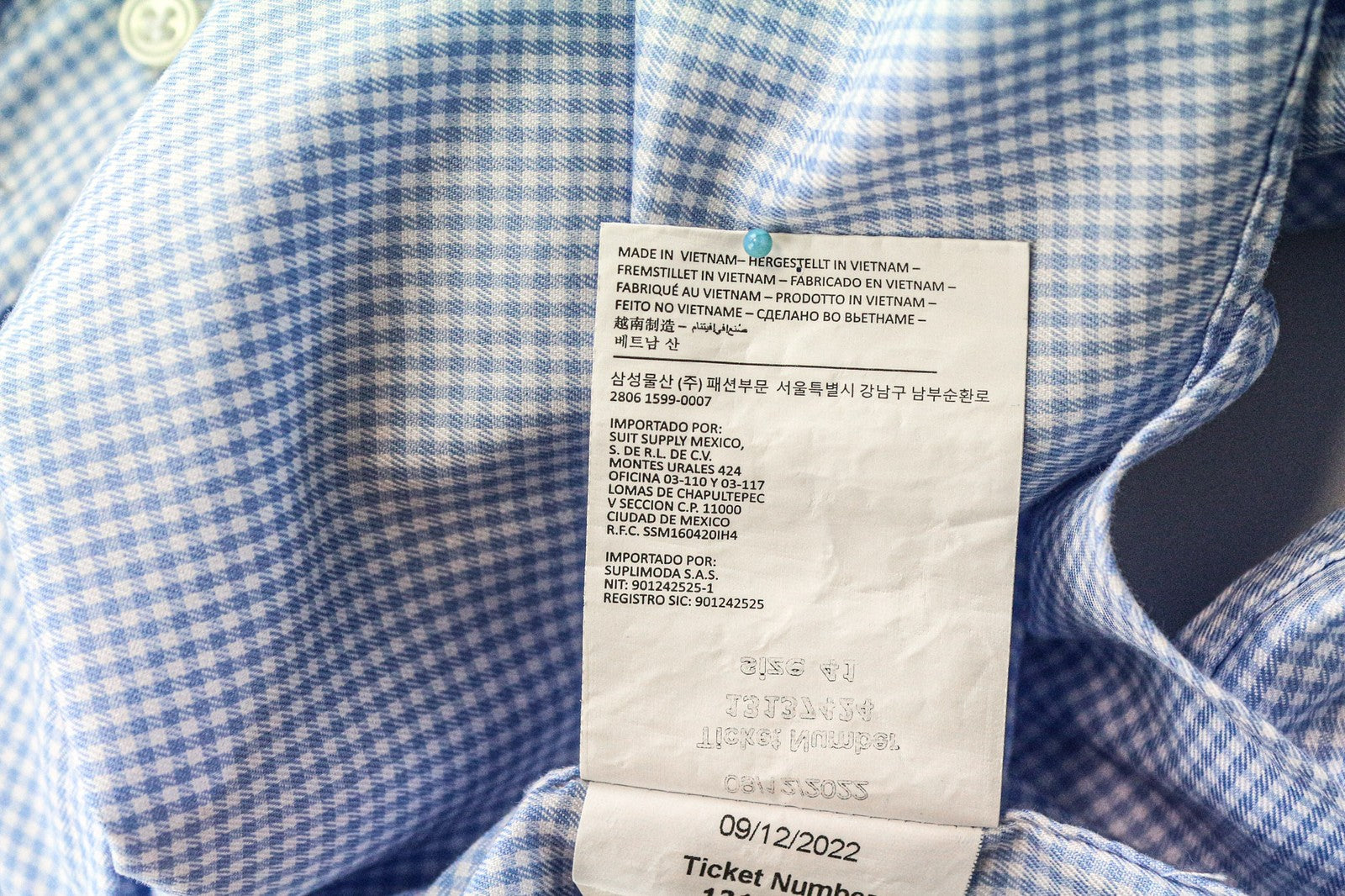 SUITSUPPLY Traveller Men Shirt 41 Extra Slim Blue Cotton Checked Long Sleeve