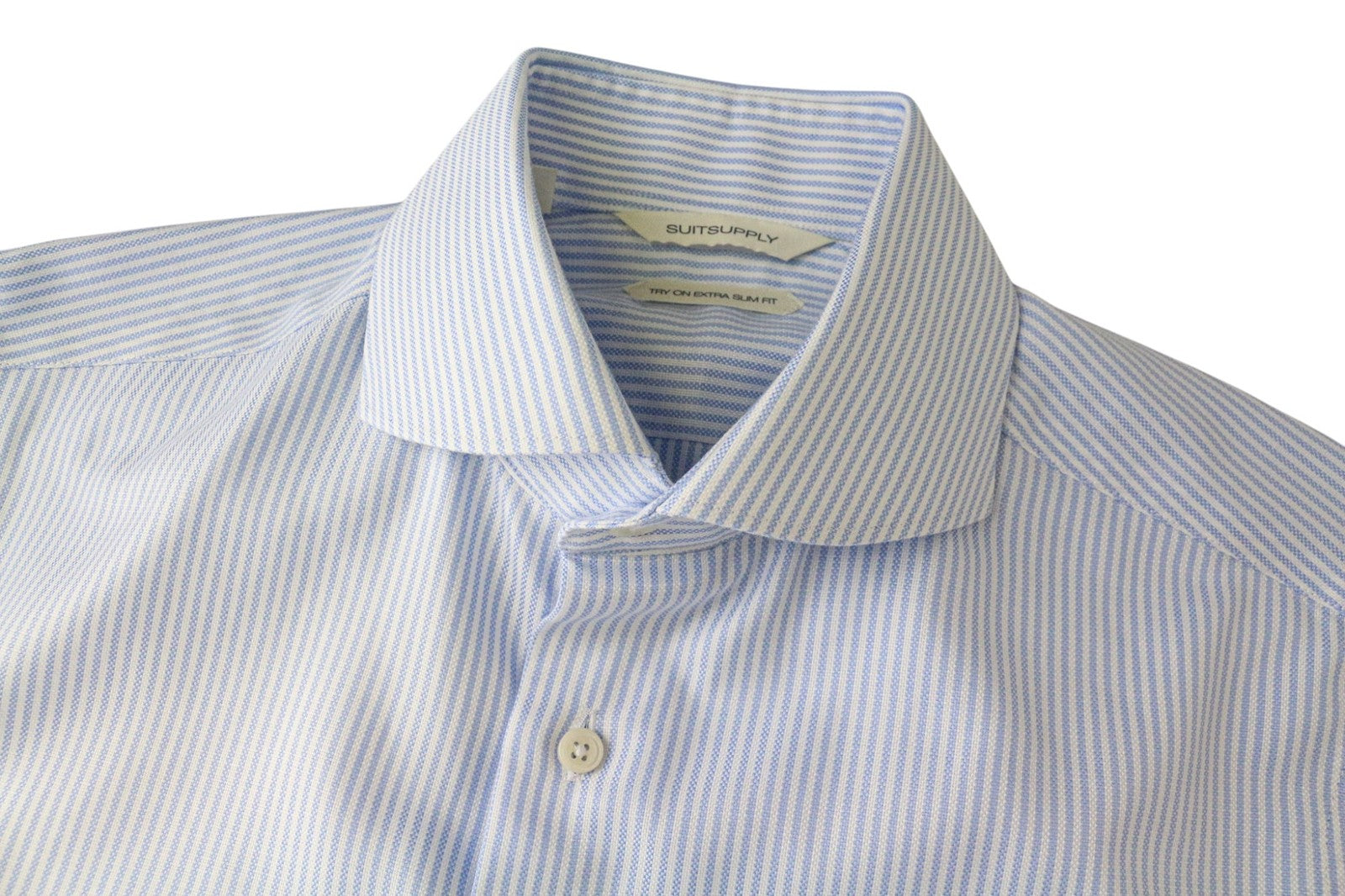 SUITSUPPLY Men Shirt 37/14 1/2 Extra Slim Fit Light Blue Pure Cotton Striped