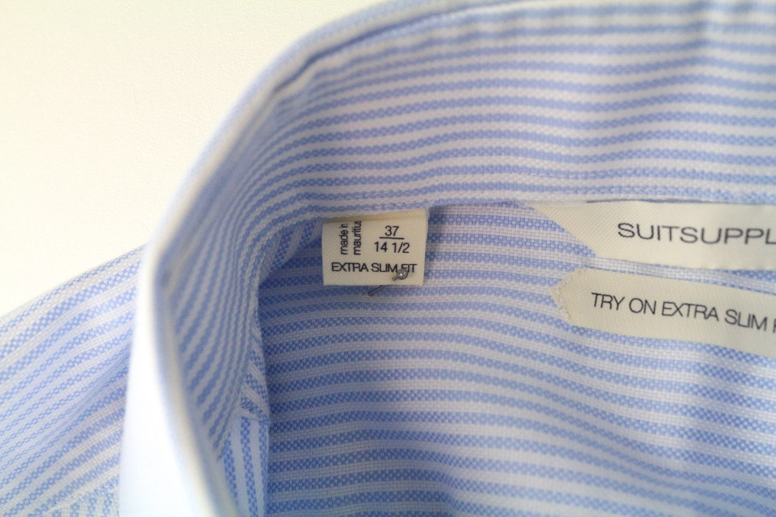 SUITSUPPLY Men Shirt 37/14 1/2 Extra Slim Fit Light Blue Pure Cotton Striped
