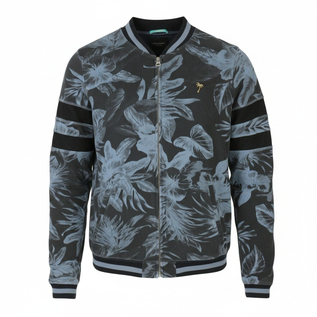 SCOTCH & SODA Men Sweatshirt L Blue Floral Print Full Zip Bomber Jacket Neck