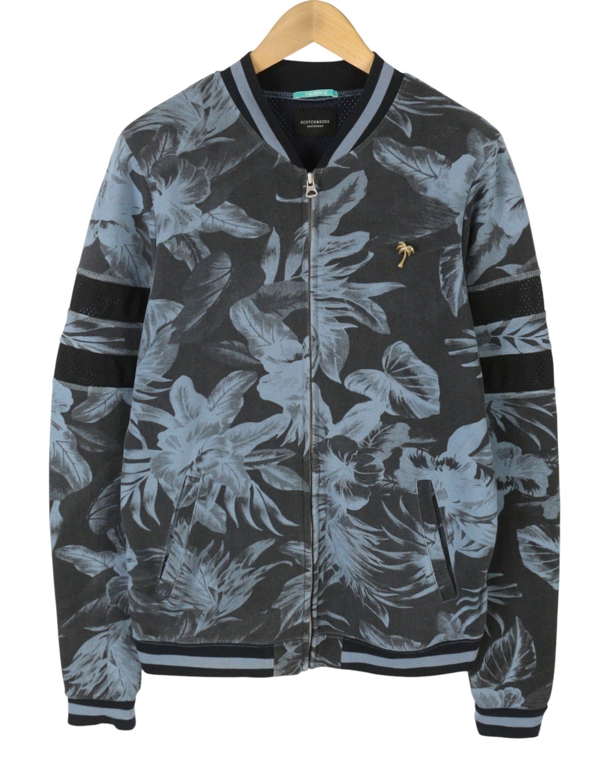 SCOTCH & SODA Men Sweatshirt L Blue Floral Print Full Zip Bomber Jacket Neck
