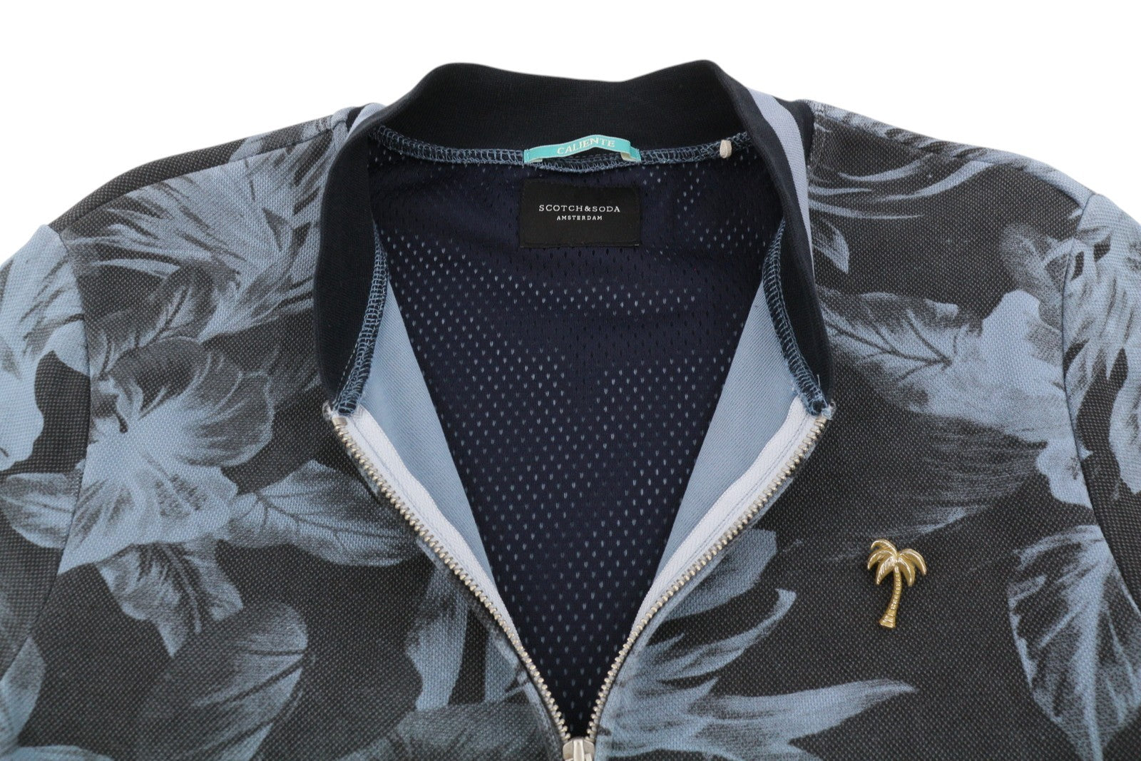 SCOTCH & SODA Men Sweatshirt L Blue Floral Print Full Zip Bomber Jacket Neck