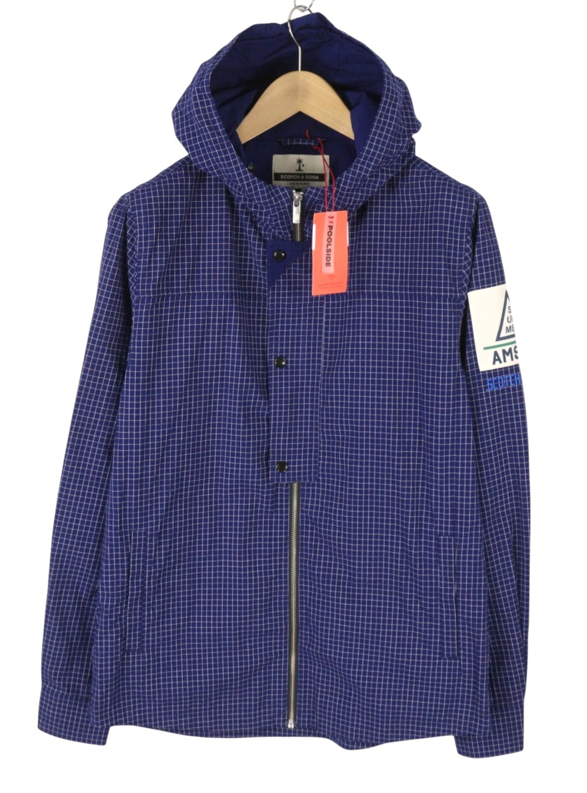 SCOTCH & SODA Men Jacket M Blue Plaid Hooded Full Zip Lightweight