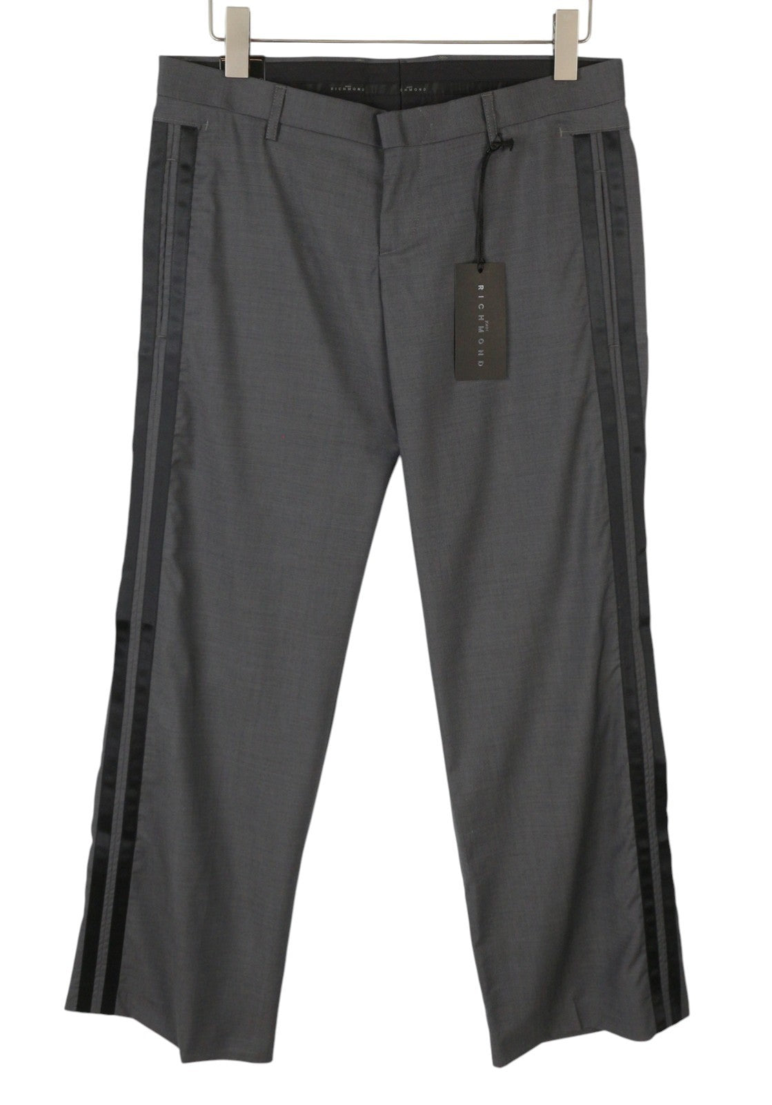 JOHN RICHMOND Women Trousers EU44 W33 Grey Wool Side Line Flared Leg