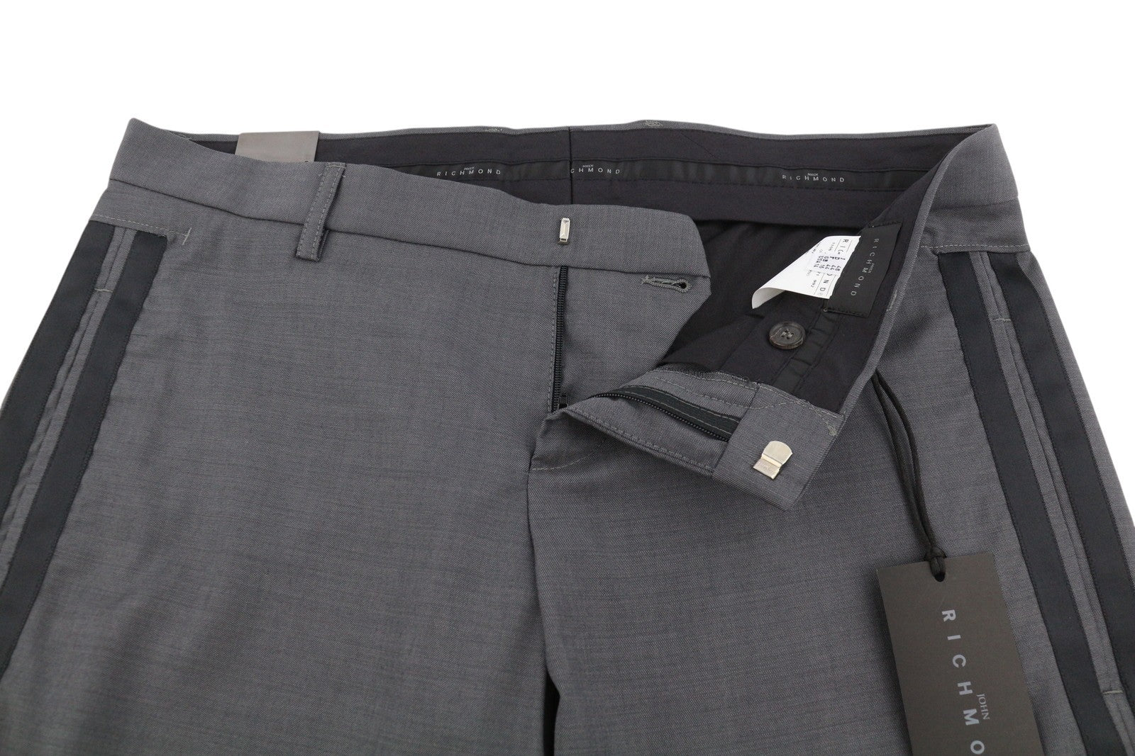 JOHN RICHMOND Women Trousers EU44 W33 Grey Wool Side Line Flared Leg