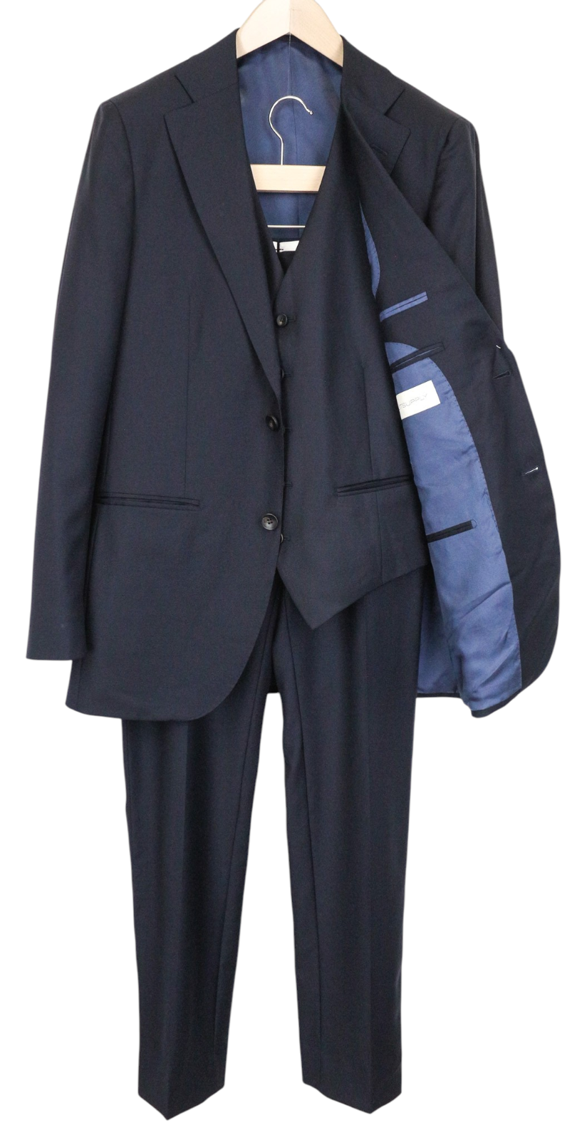 SUITSUPPLY La Spalla Men Suit UK38L Blue 3-Piece Slim Wool Perennial S110