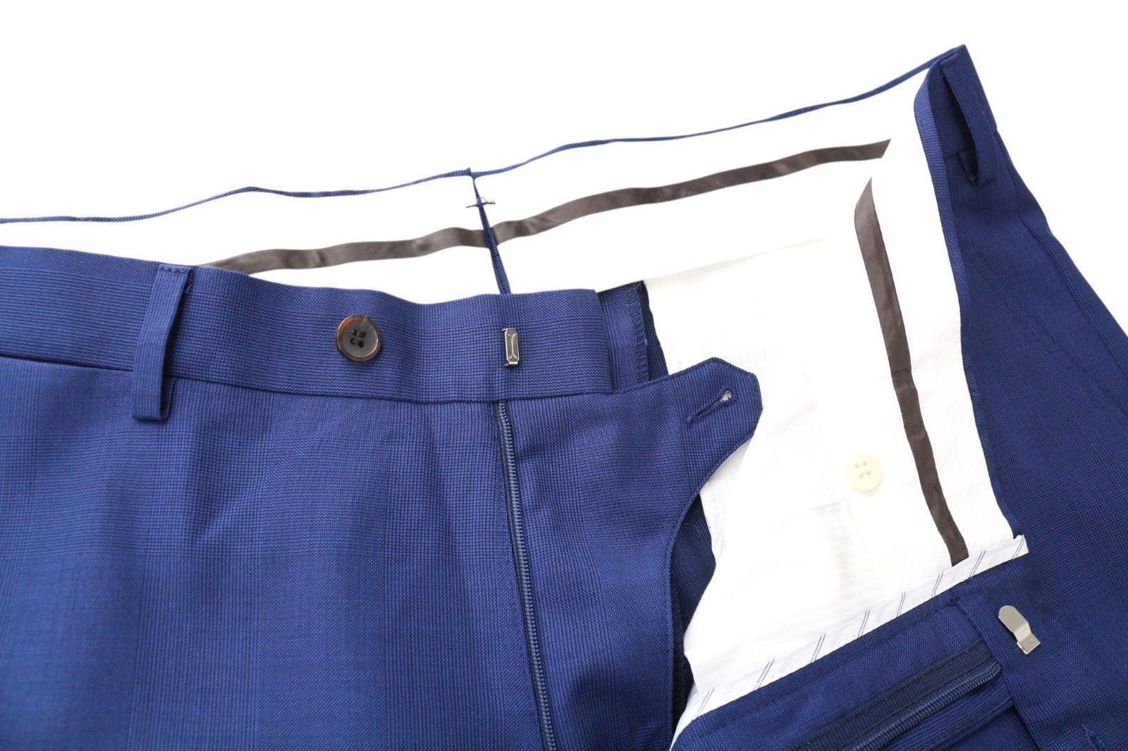 SUITSUPPLY Brescia Men Trousers UK44L Flat-Front Mid Blue Slim Glen Check Wool
