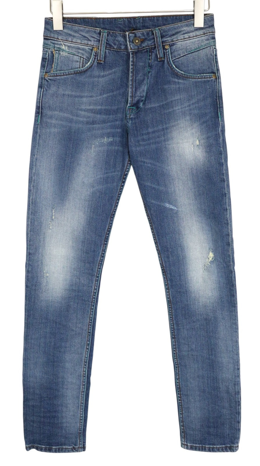 TAKESHY KUROSAWA TK75 Men Jeans W30 Blue Slim Distress Stretch Button-Fly